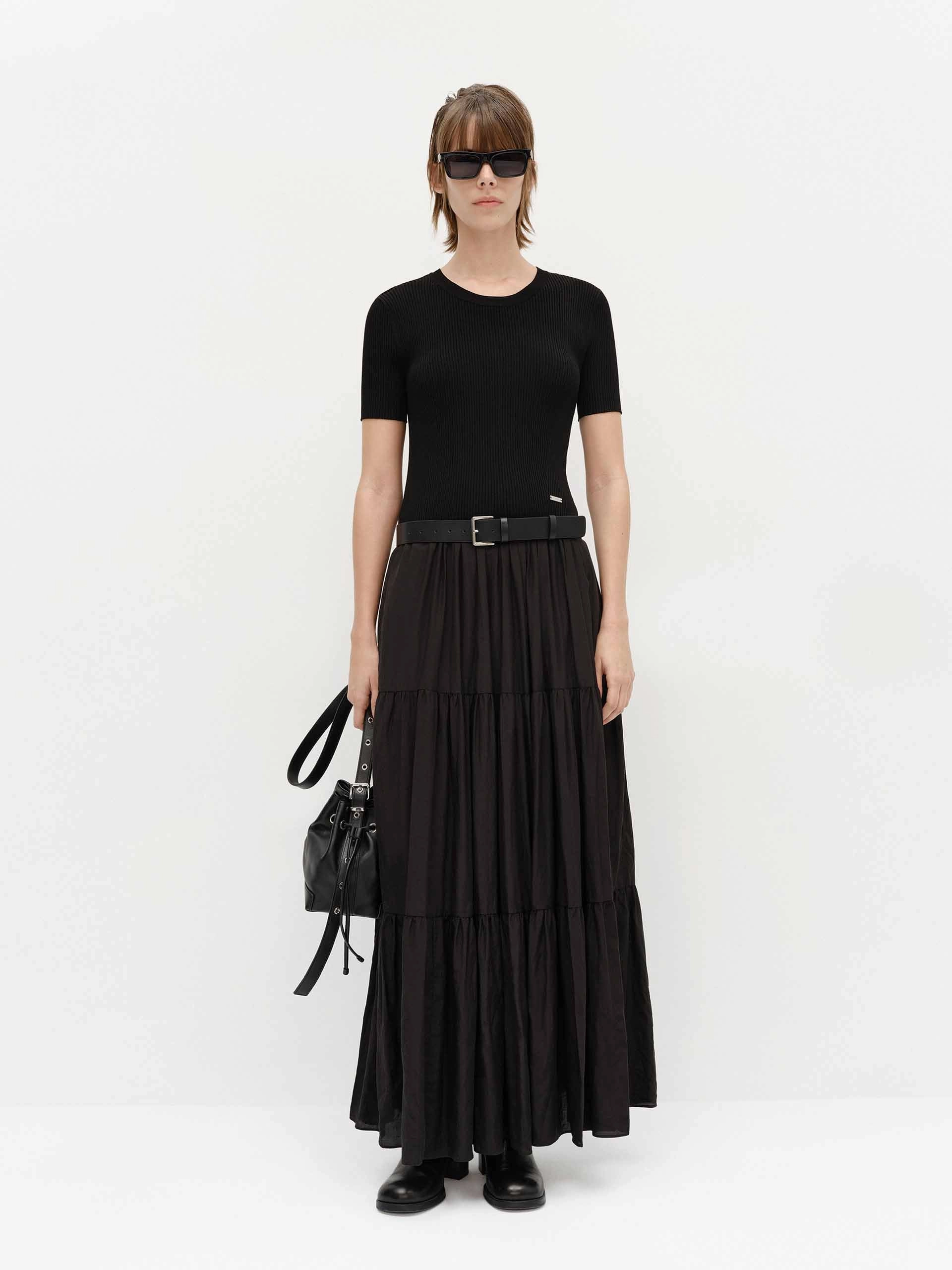 Paneled Maxi Length Dress Feminine off-the-shoulder gown Tassel-Detail