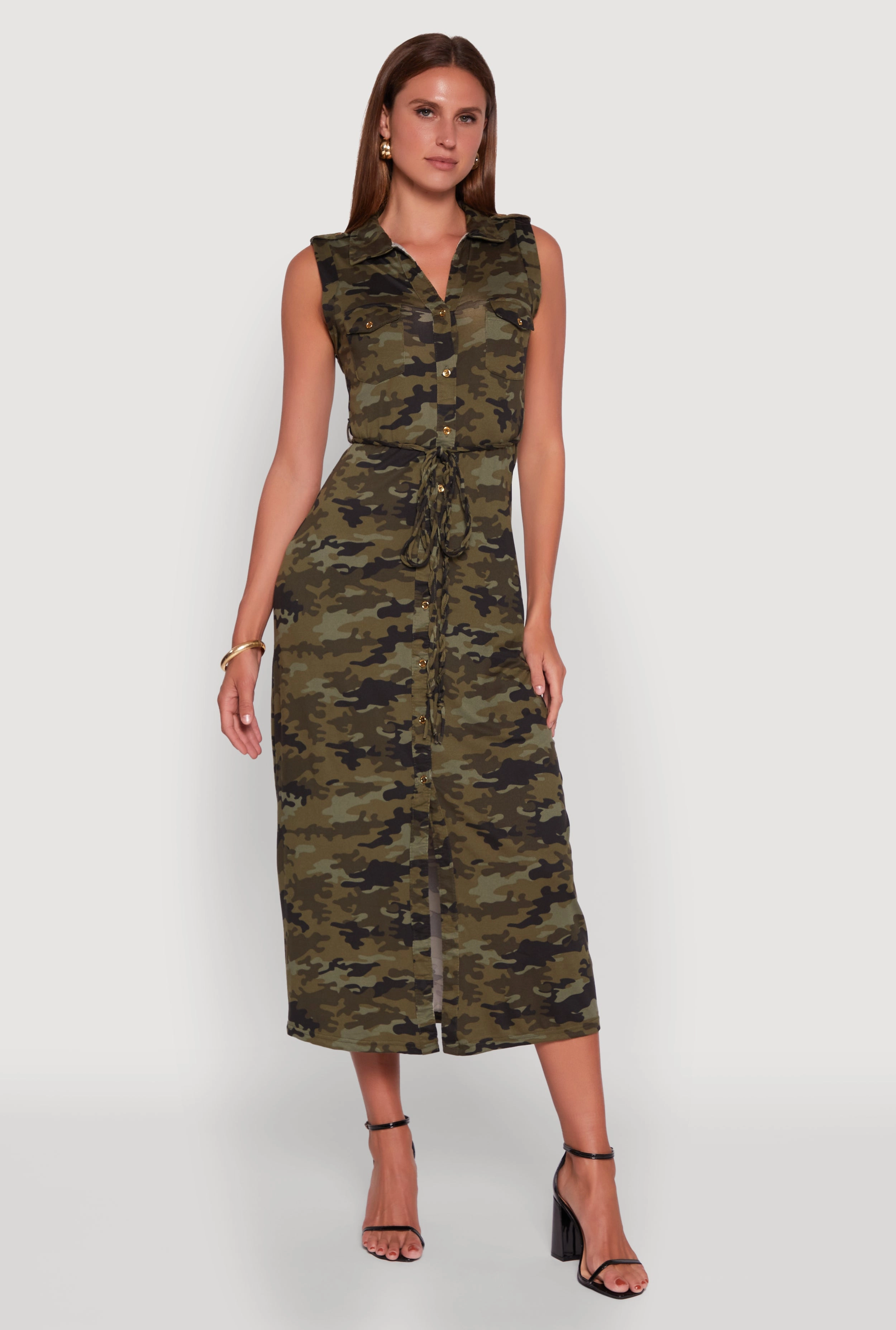 Quiet Mood Patterned Button Front Sleeveless Maxi Shirt Dress
