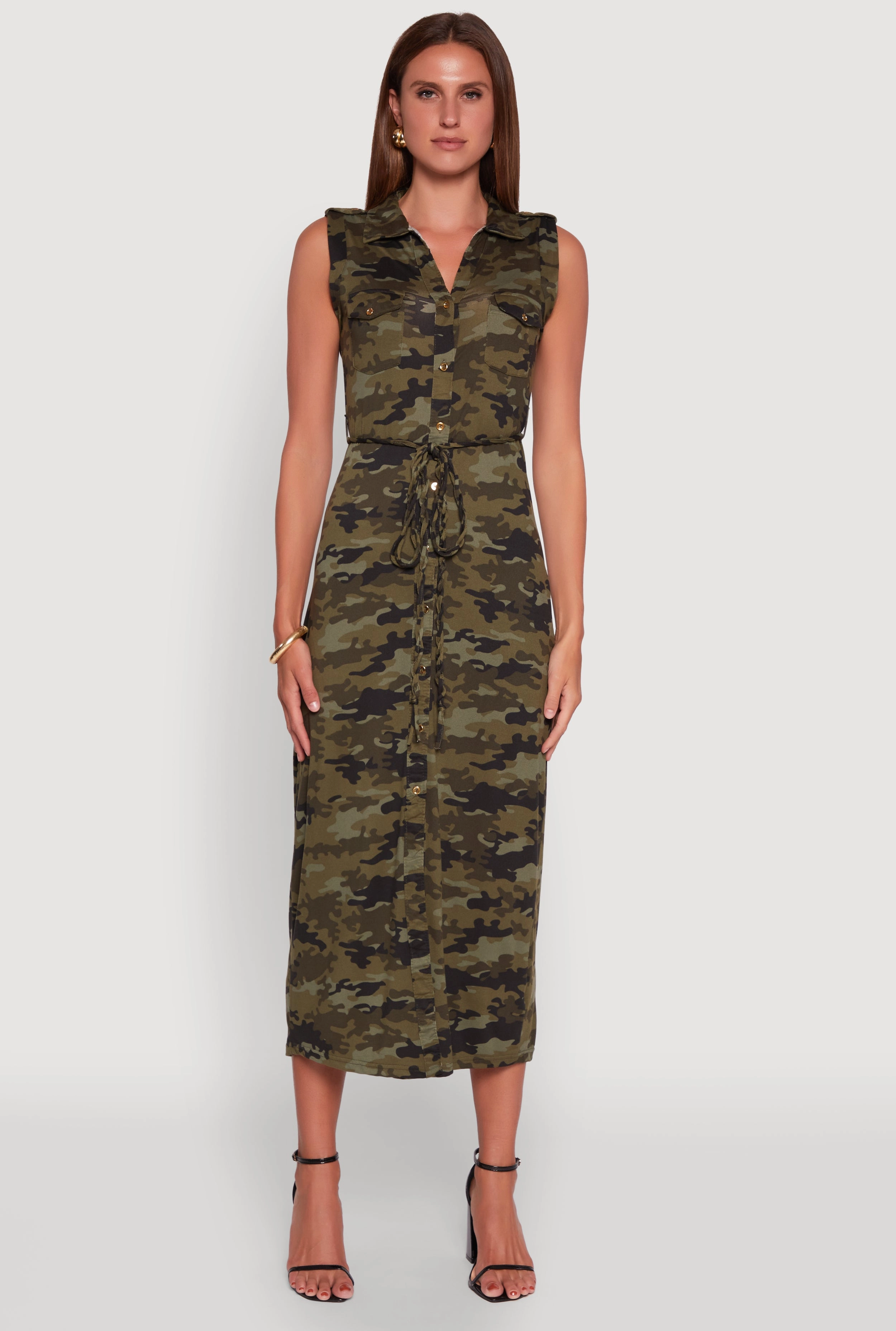 Flattering Shape Design Patterned Button Front Sleeveless Maxi Shirt Dress