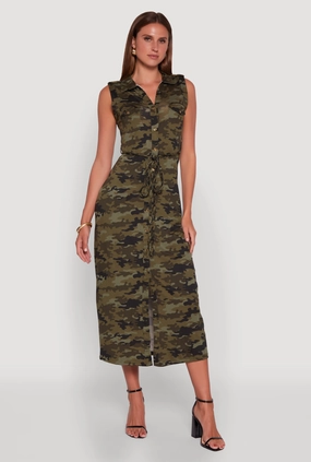 Quiet Mood Patterned Button Front Sleeveless Maxi Shirt Dress