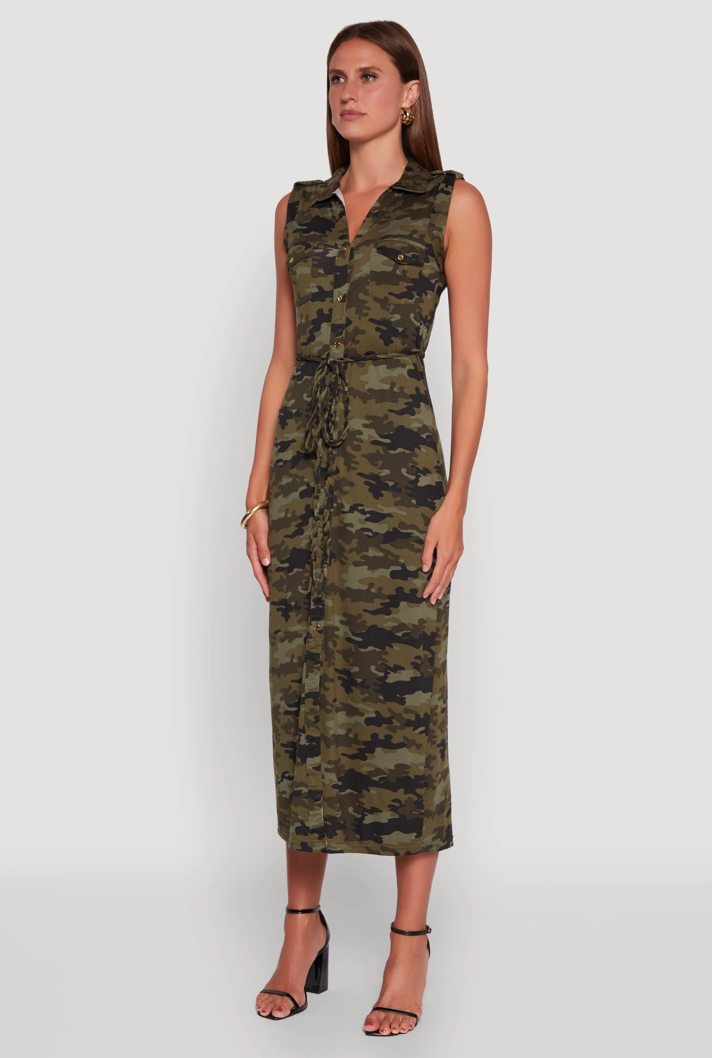Go To Wear Patterned Button Front Sleeveless Maxi Shirt Dress