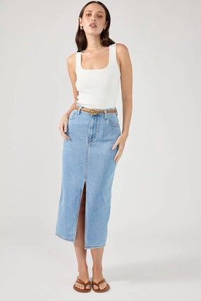 Bold Accent All Season Perfect Stranger High Waist Split Denim Midi Skirt Blue