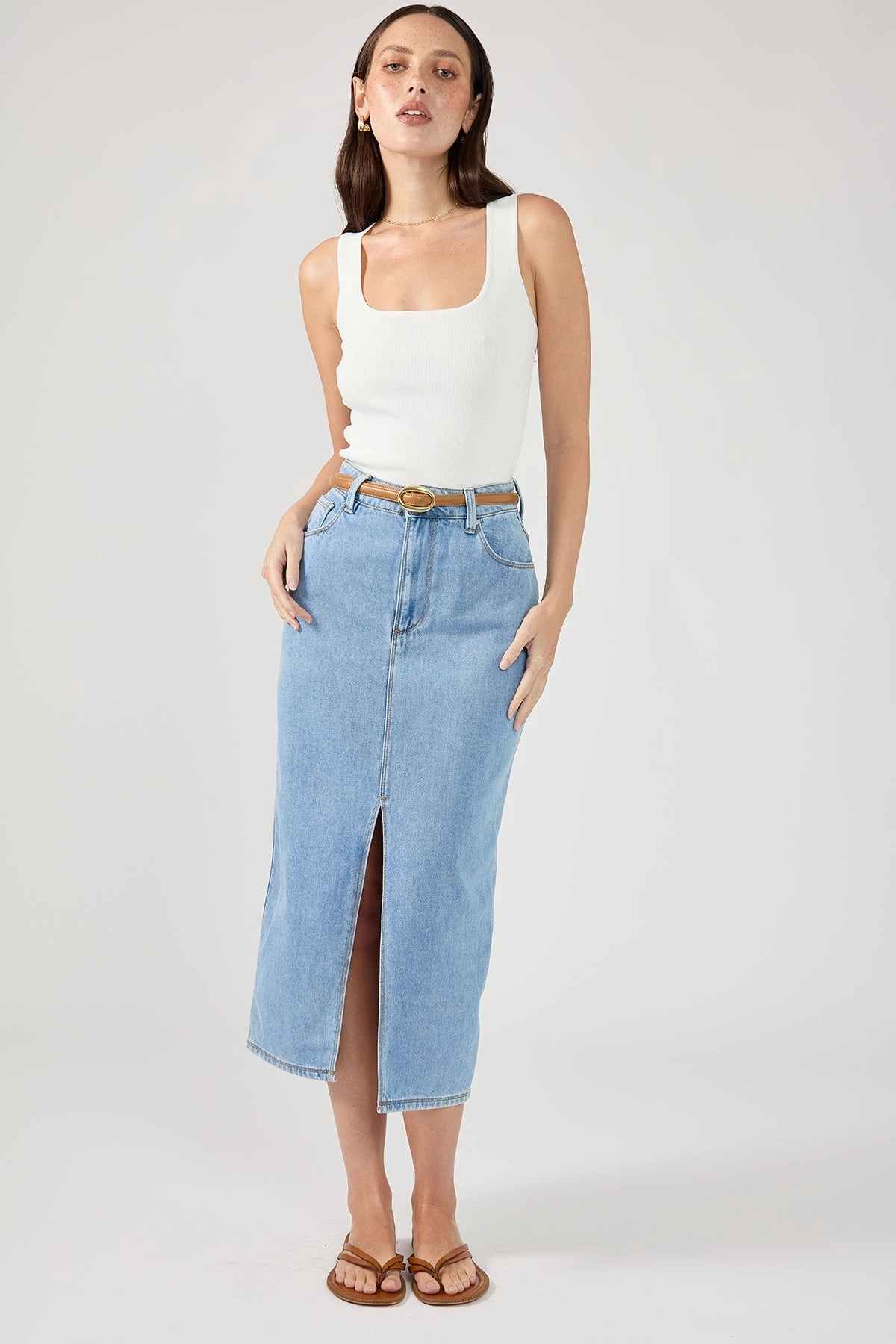 Bold Accent All Season Perfect Stranger High Waist Split Denim Midi Skirt Blue