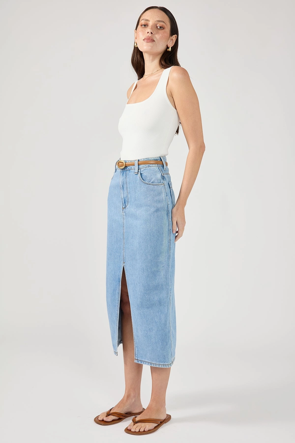 Perfect Stranger High Waist Split Denim Midi Skirt Blue Fashion Collab Pleated design