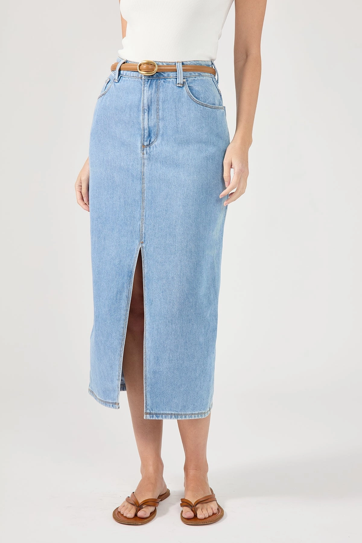 Perfect Stranger High Waist Split Denim Midi Skirt Blue Foldable Packability Adjustable Hem