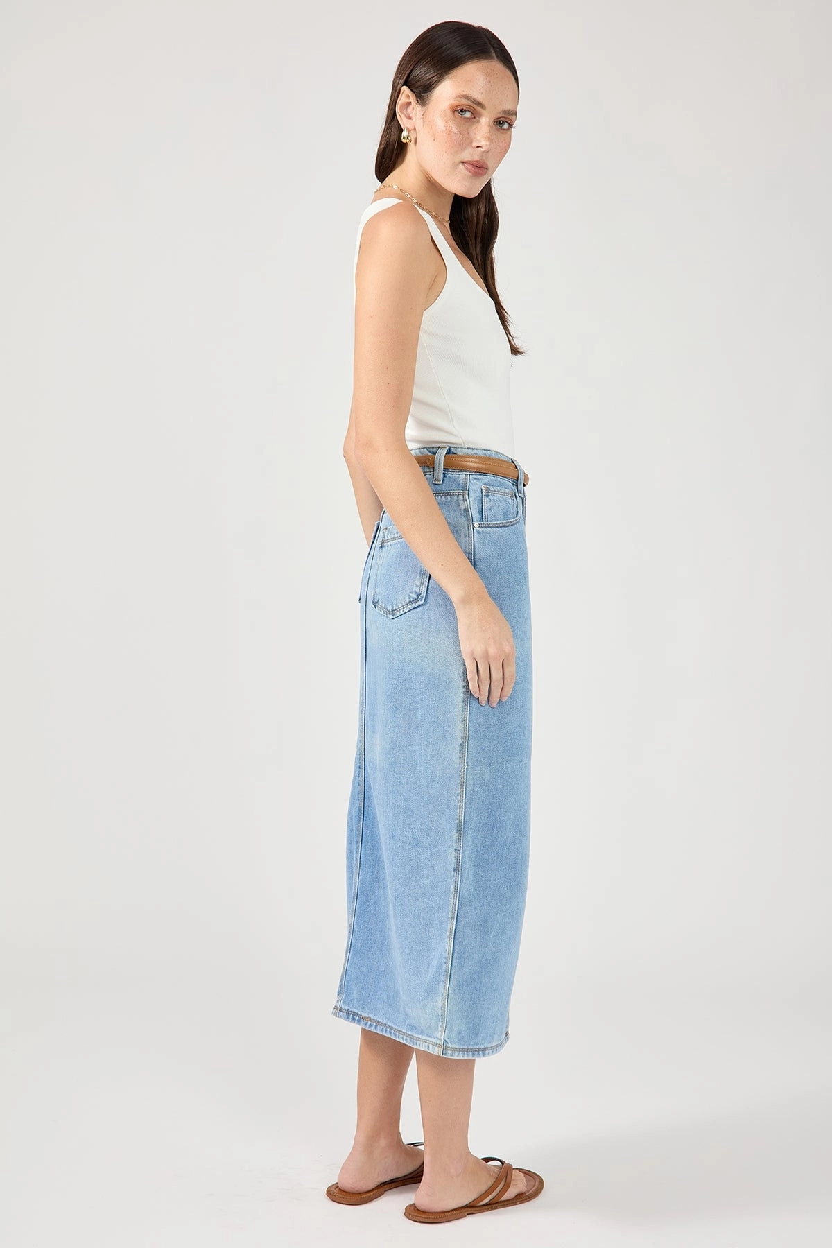 Perfect Stranger High Waist Split Denim Midi Skirt Blue Sleek Appeal Creative Fashion