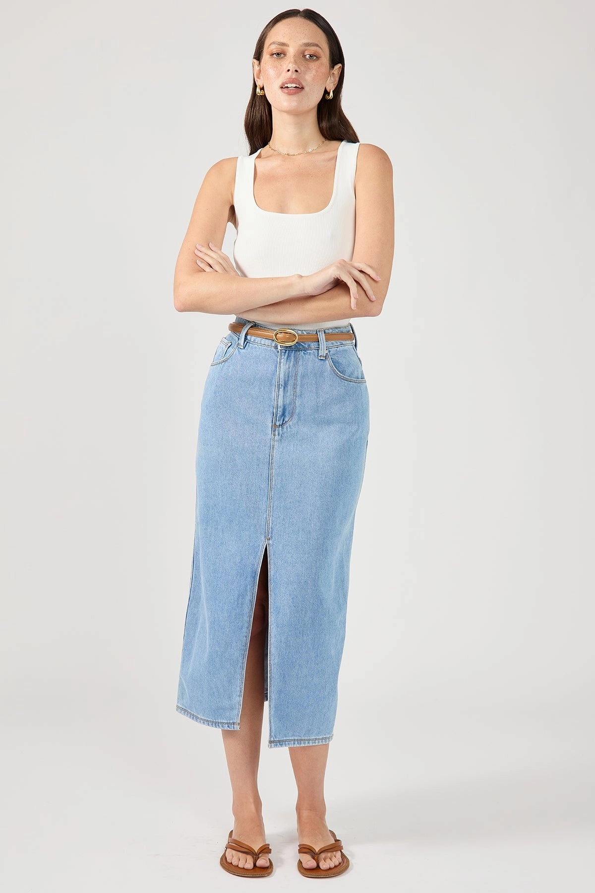 Perfect Stranger High Waist Split Denim Midi Skirt Blue Heat Dissipating Fabric Detachable Detail