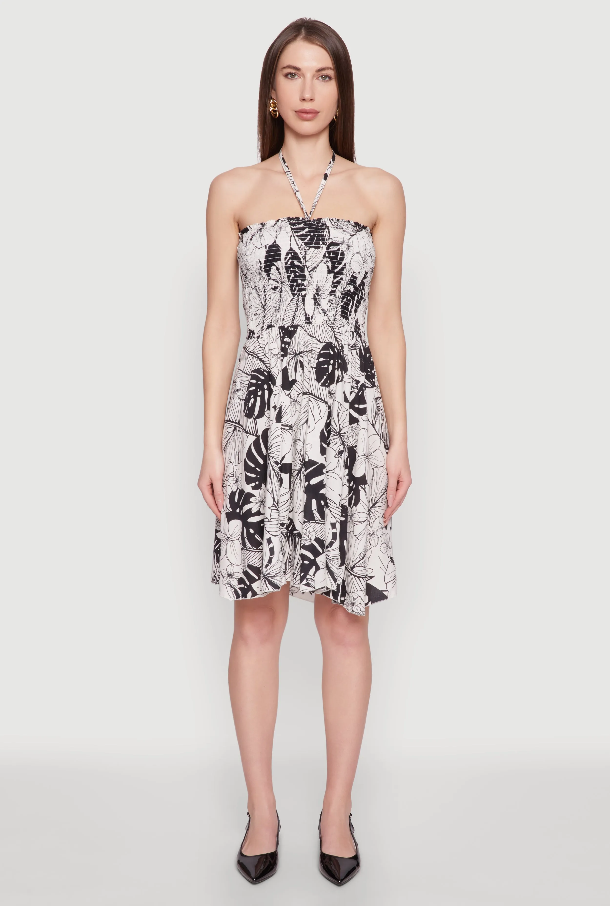 Tropical Print Smocked Halter Neck Dress Date Vibe