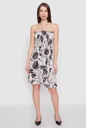 Tropical Print Smocked Halter Neck Dress Stylish Pick Fitted waist