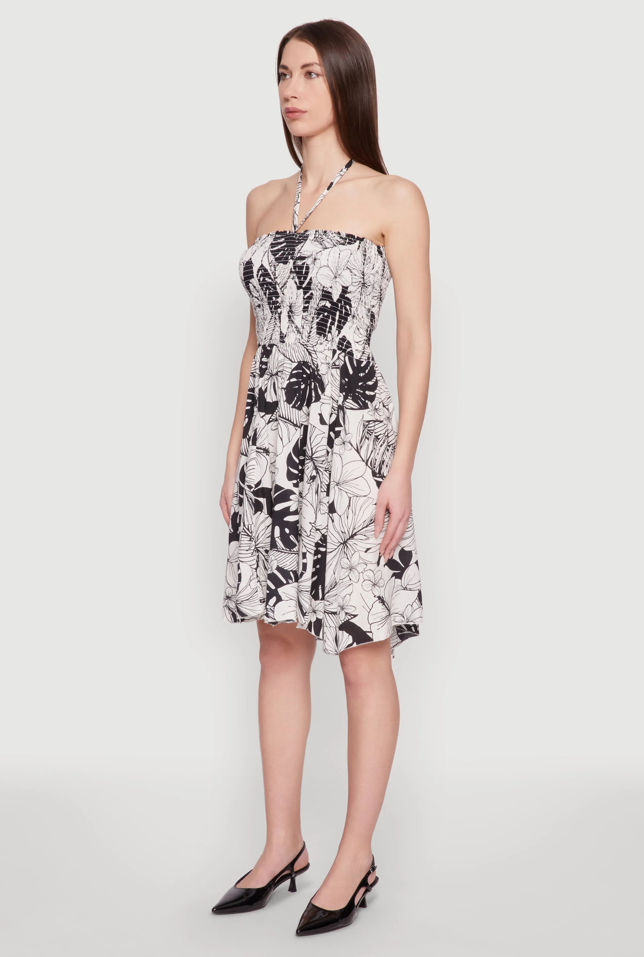 Tropical Print Smocked Halter Neck Dress Figure-Skimming