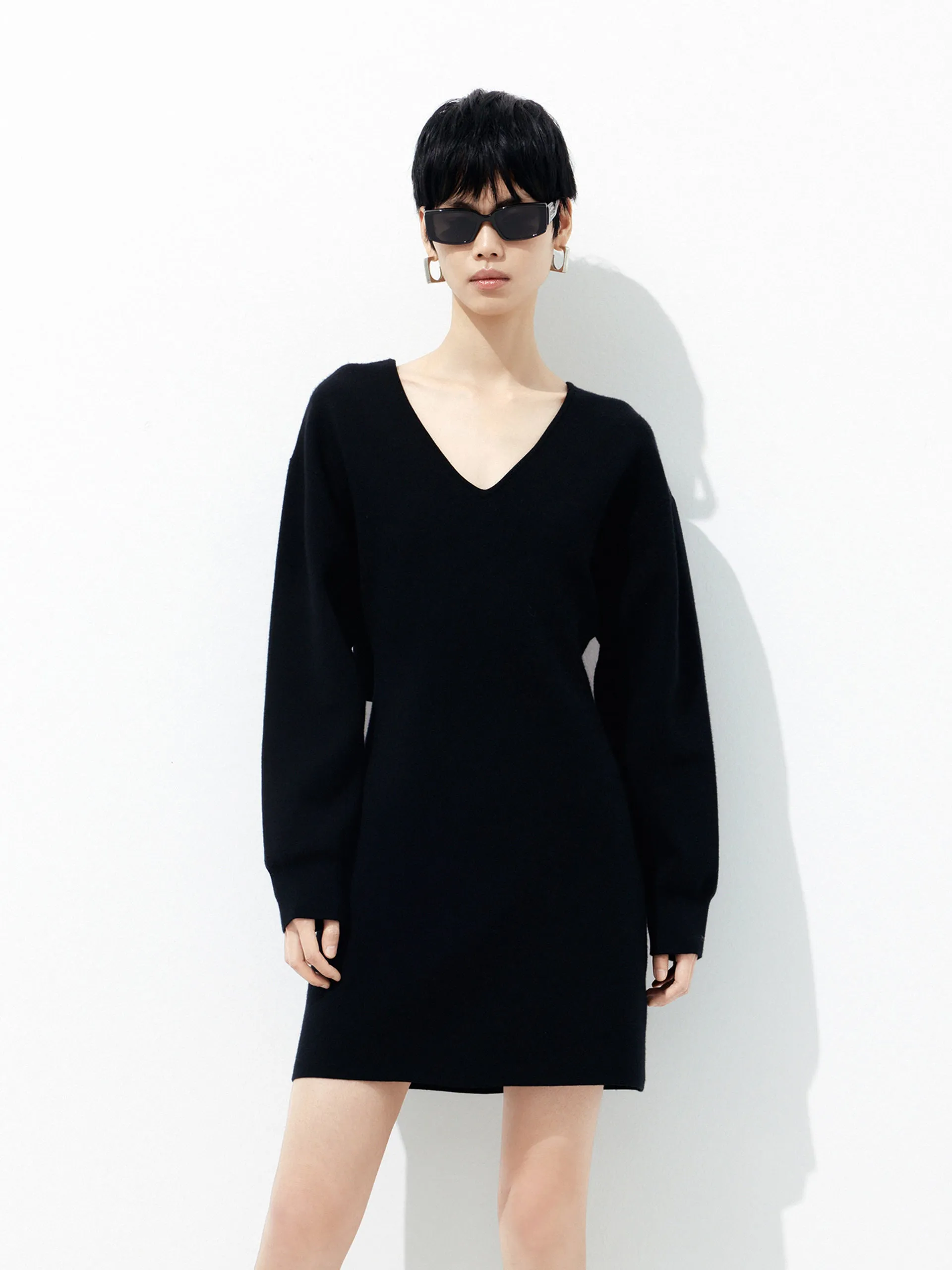 Lace-Trim Dressy Yet Comfortable Wool Blend V Neck Dress