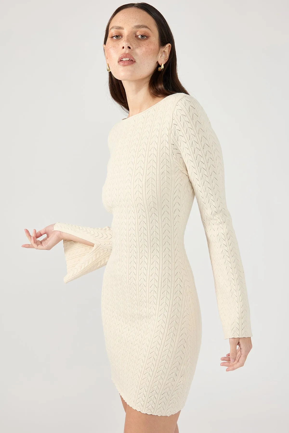 Airy Weave Feather Light Perfect Stranger Bellsy Long Sleeve Mini Dress - White