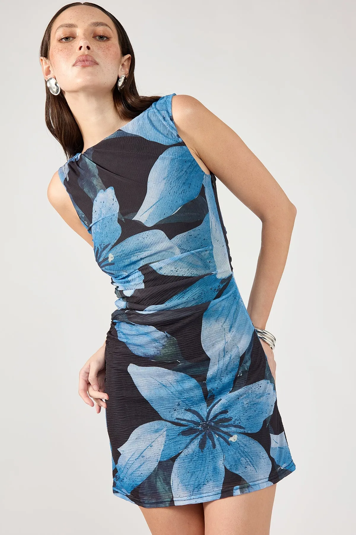 Perfect Stranger Bluestar Draped Mini Dress Black Print Polite Vibe