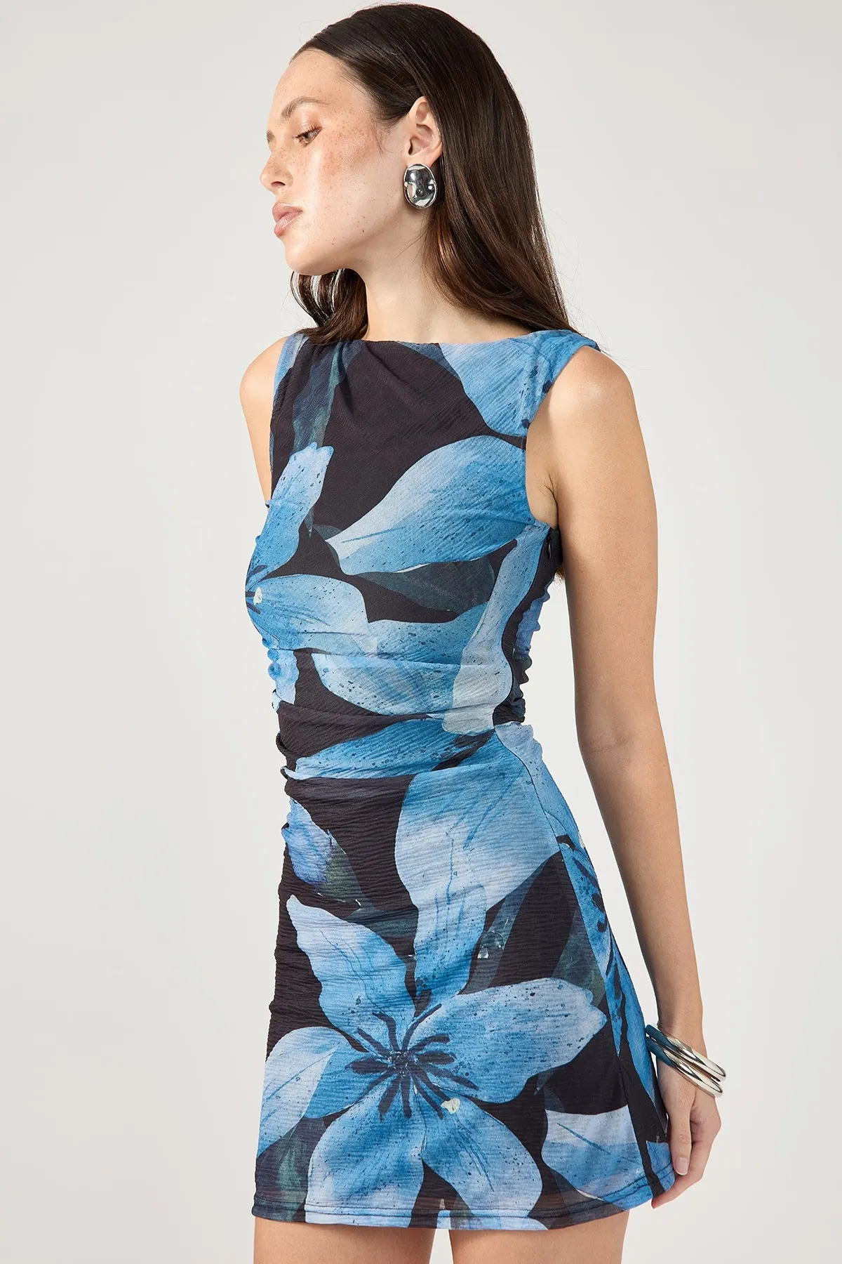 Fresh Appeal Perfect Stranger Bluestar Draped Mini Dress Black Print