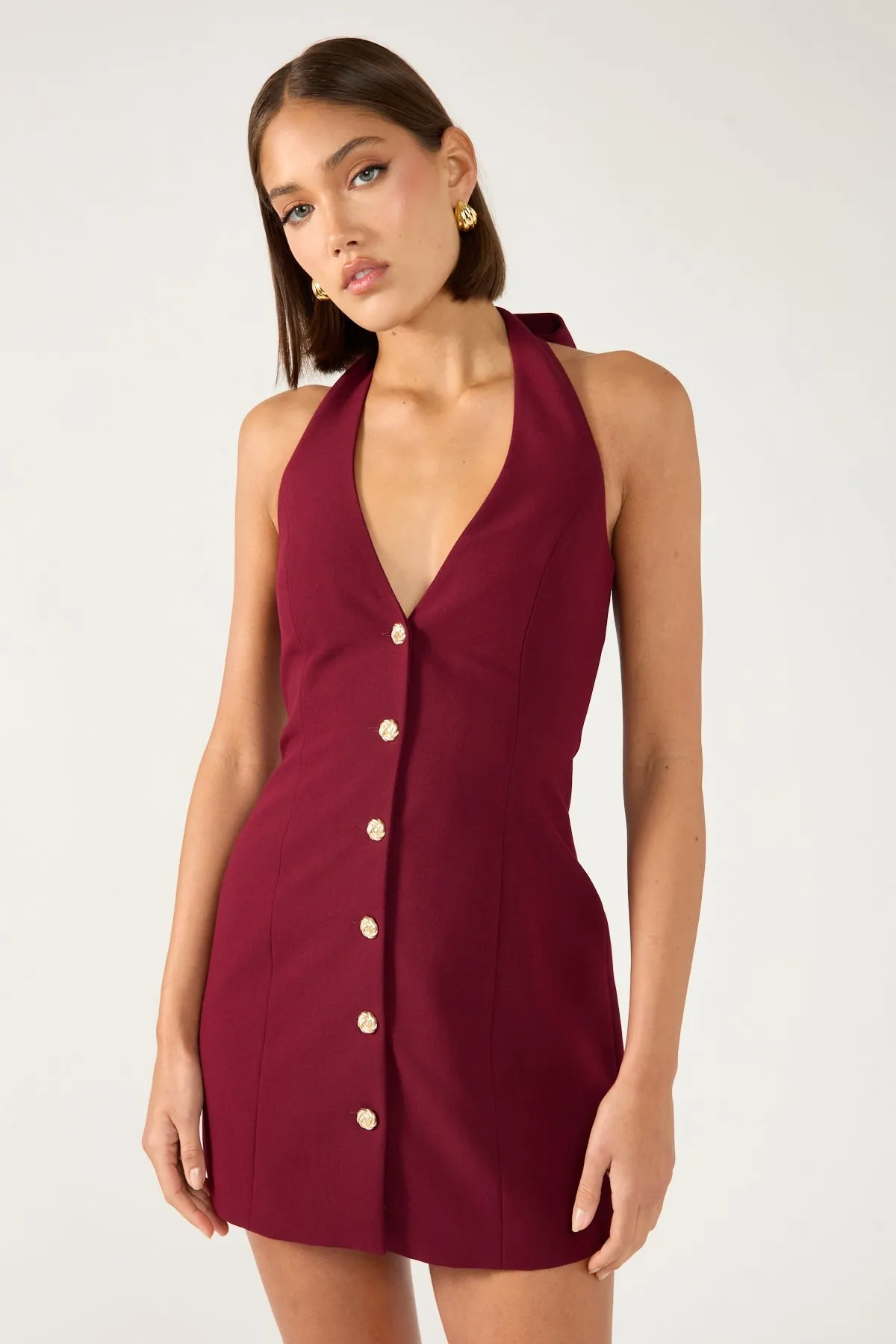 Daytime Look Elegant brunch outfit Perfect Stranger Halter Suiting Vest Mini Dress Burgundy