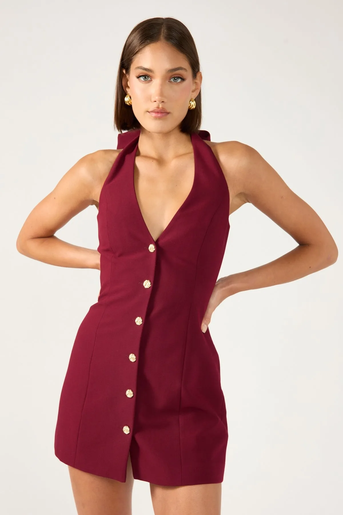 Calm Fit Petite Chic Perfect Stranger Halter Suiting Vest Mini Dress Burgundy