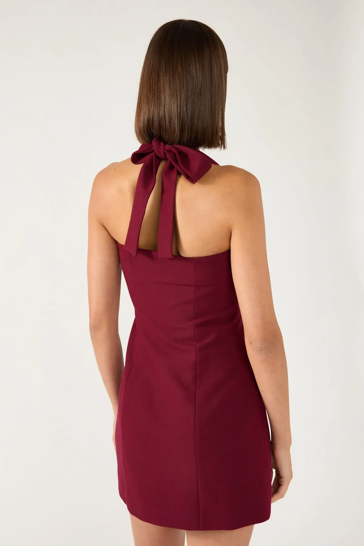 Perfect Stranger Halter Suiting Vest Mini Dress Burgundy Draped-Style Perfect Layers