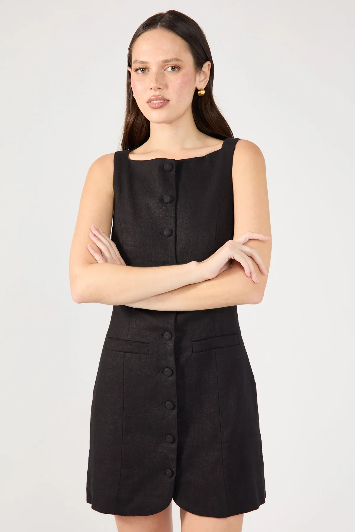 Fit For All AntiStaticMaterial Perfect Stranger High Neck Button Up Linen Mini Dress Black