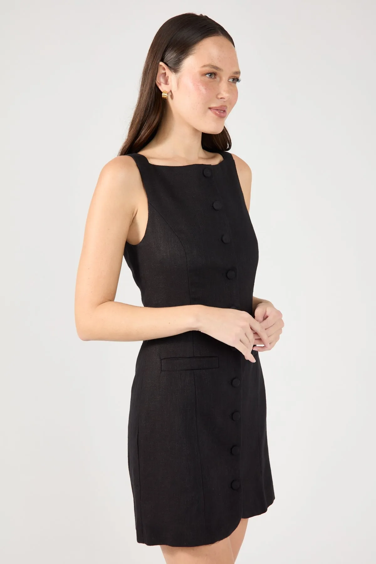 Fresh Form Perfect Stranger High Neck Button Up Linen Mini Dress Black