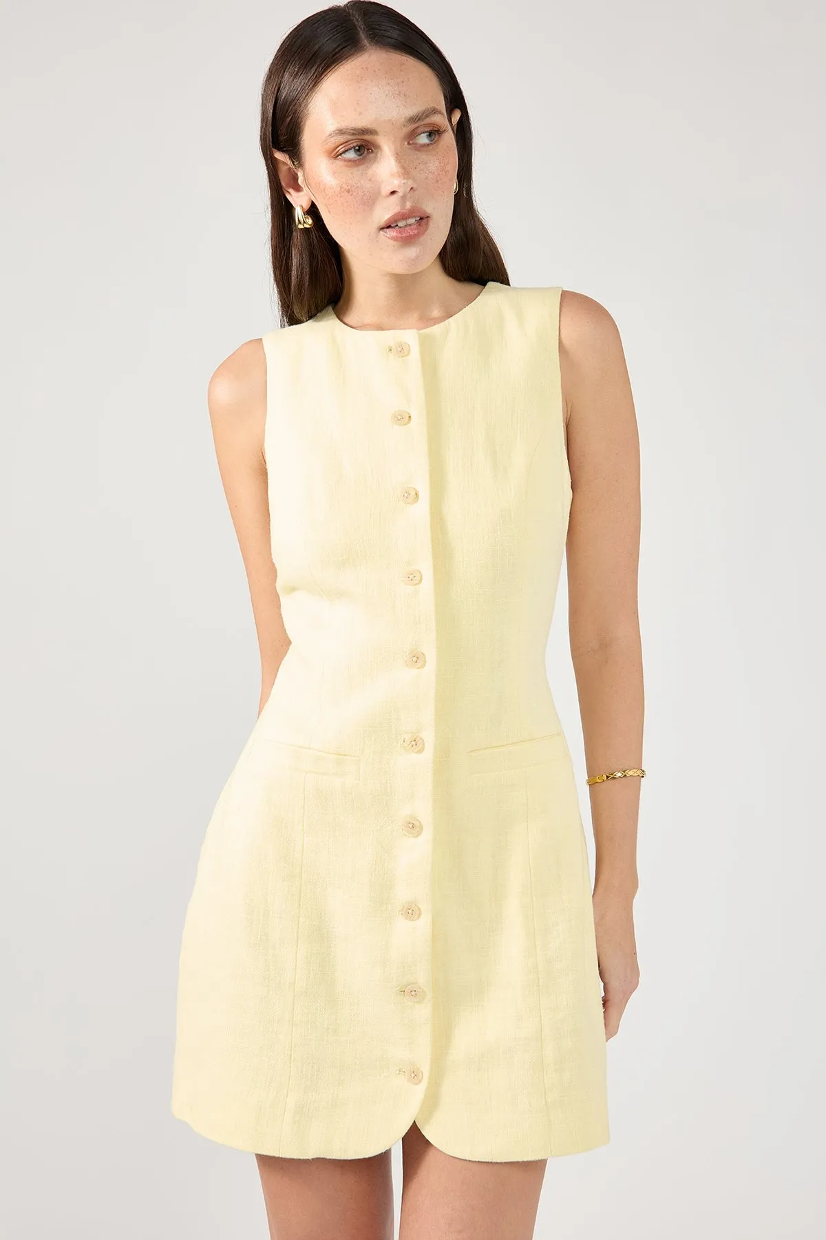 Olive Tone Feminine off-the-shoulder gown Perfect Stranger Menorca High Neck Linen Mini Dress Lemon