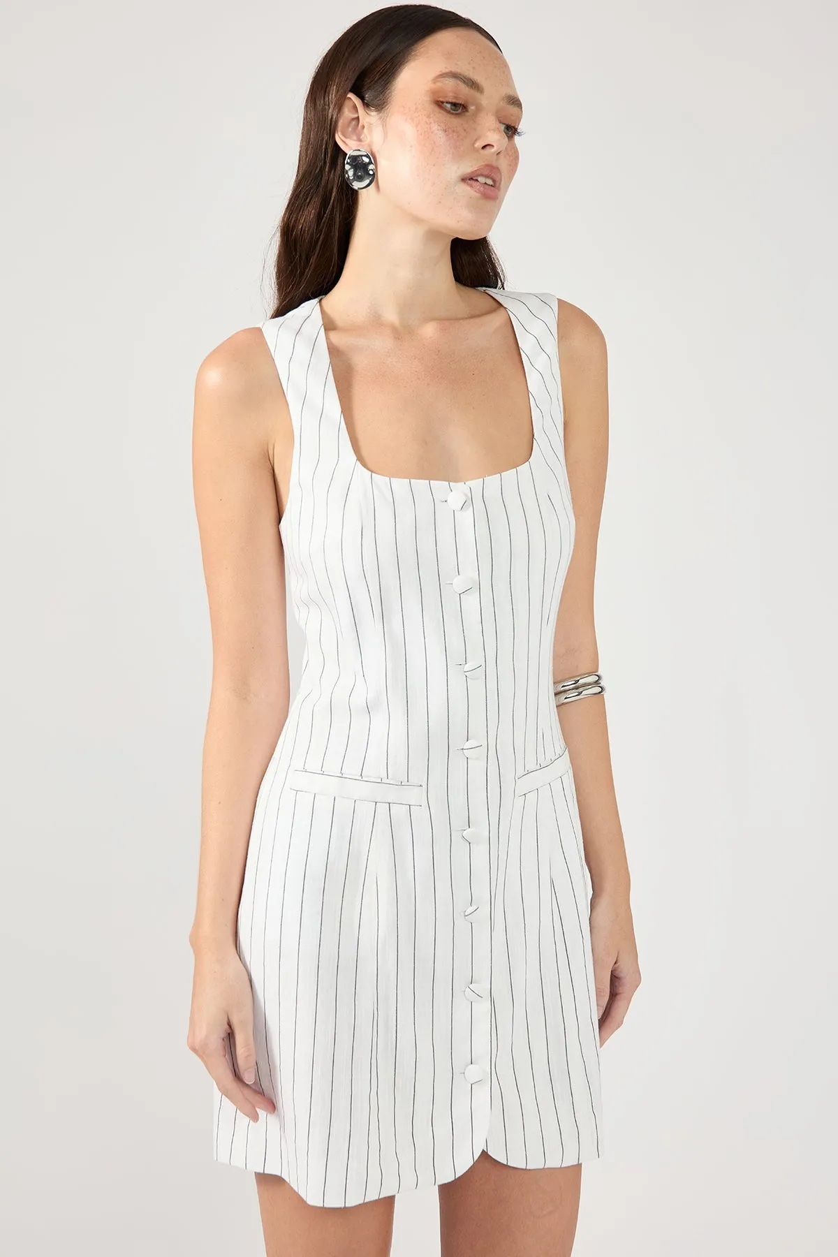 Clasp-Closure Perfect Stranger Pinstripe Linen Square Neck Mini Dress White Stripe