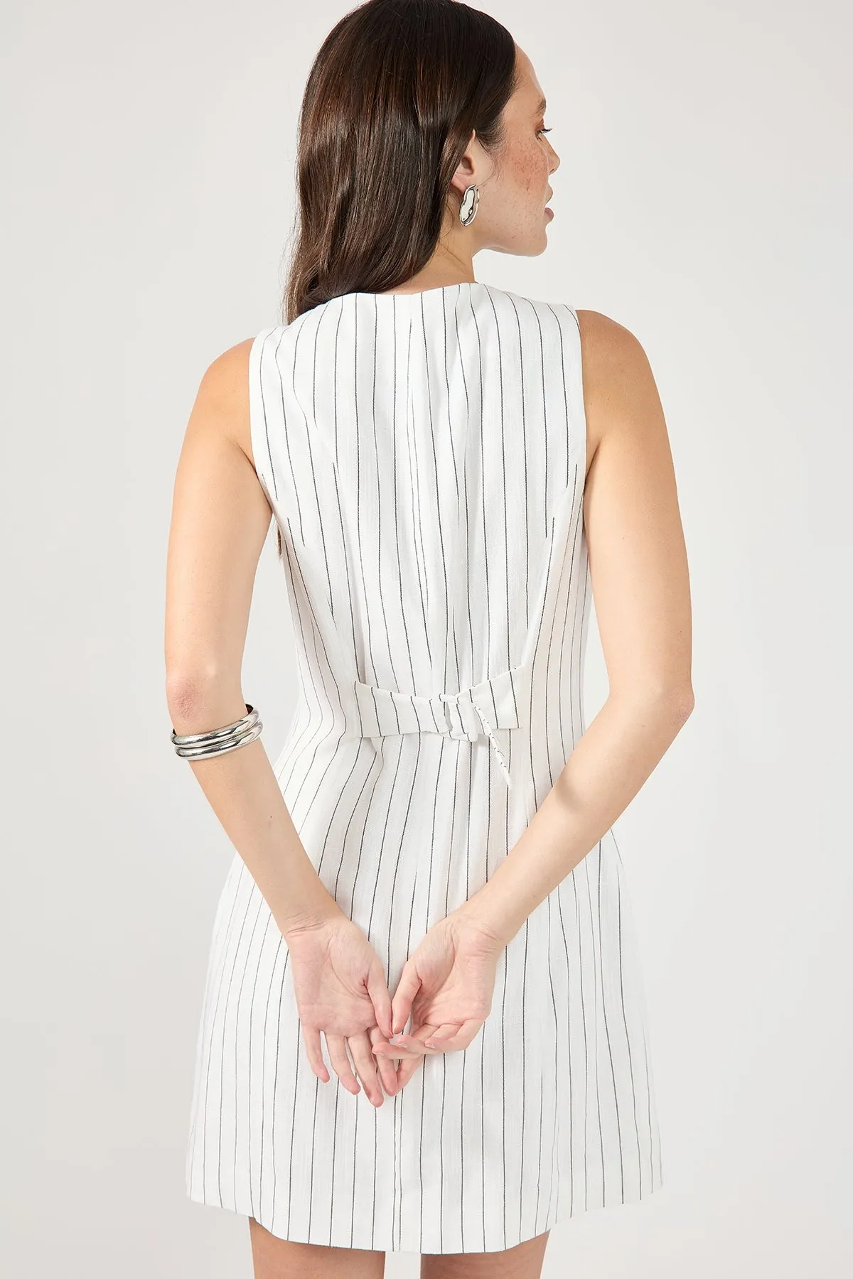 Perfect Stranger Pinstripe Linen Square Neck Mini Dress White Stripe Evening Look Lounge Fit