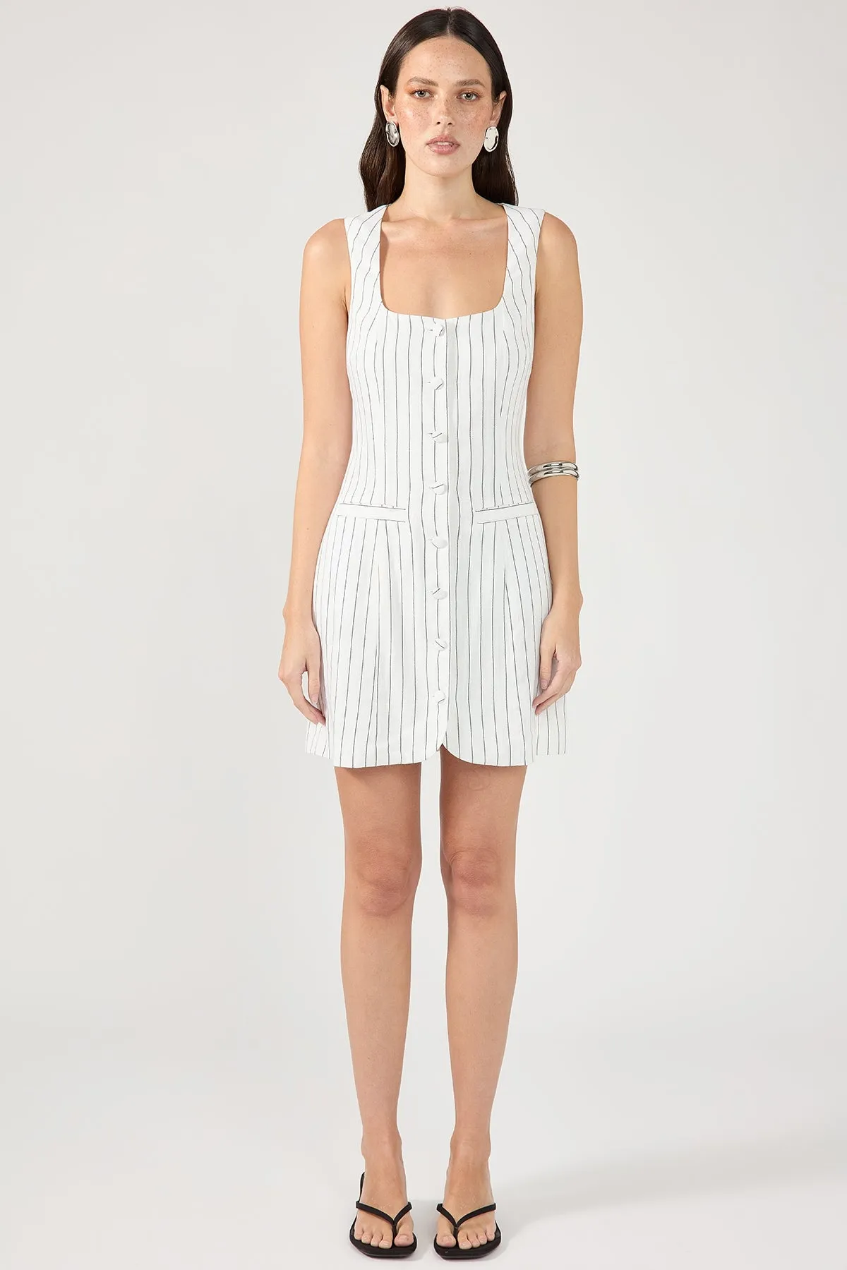 Wedding-Guest Flowing Layers Perfect Stranger Pinstripe Linen Square Neck Mini Dress White Stripe