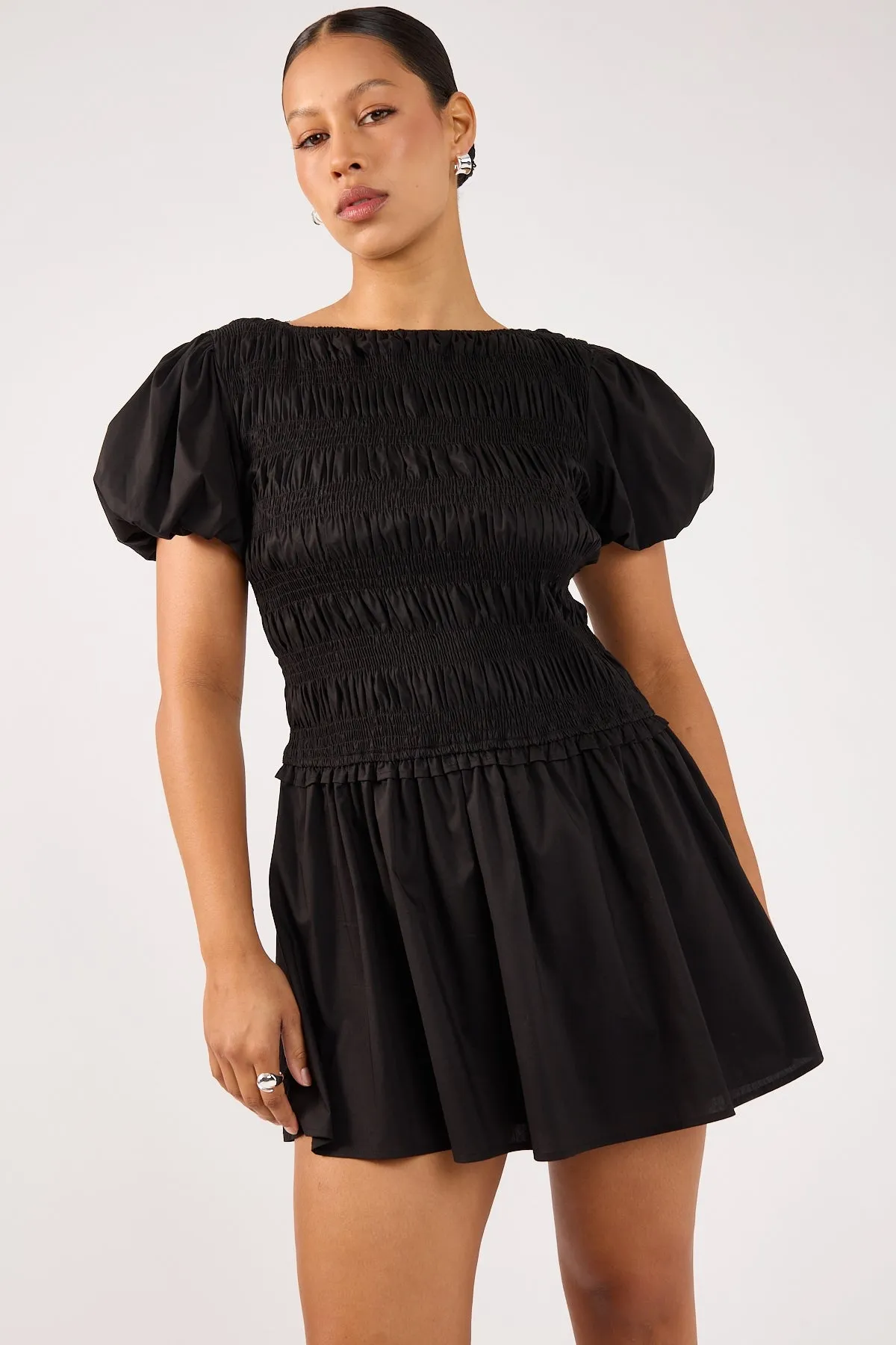 Professional Look All-Day Fit Perfect Stranger Rhea Shirred Short Sleeve Mini Dress Black