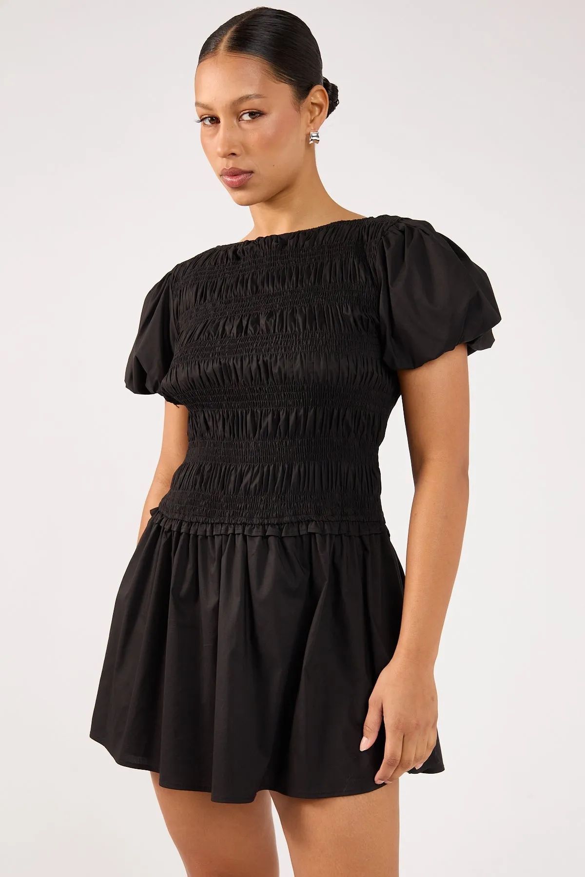 Perfect Stranger Rhea Shirred Short Sleeve Mini Dress Black Visual Balance