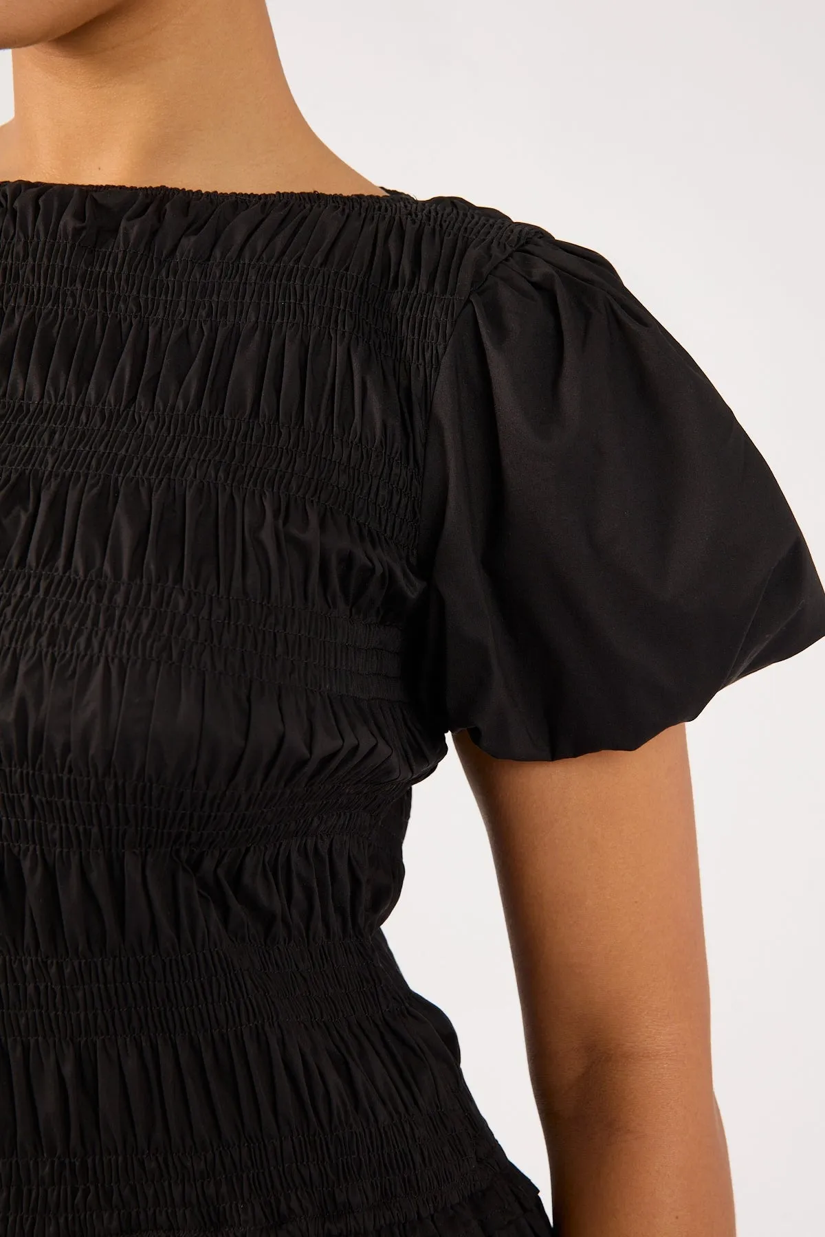 Perfect Stranger Rhea Shirred Short Sleeve Mini Dress Black Happy Soul