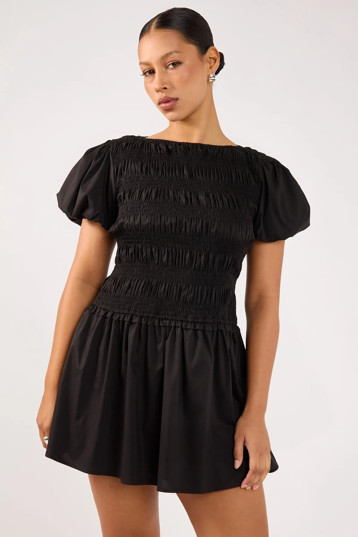 Perfect Stranger Rhea Shirred Short Sleeve Mini Dress Black Clean Finish