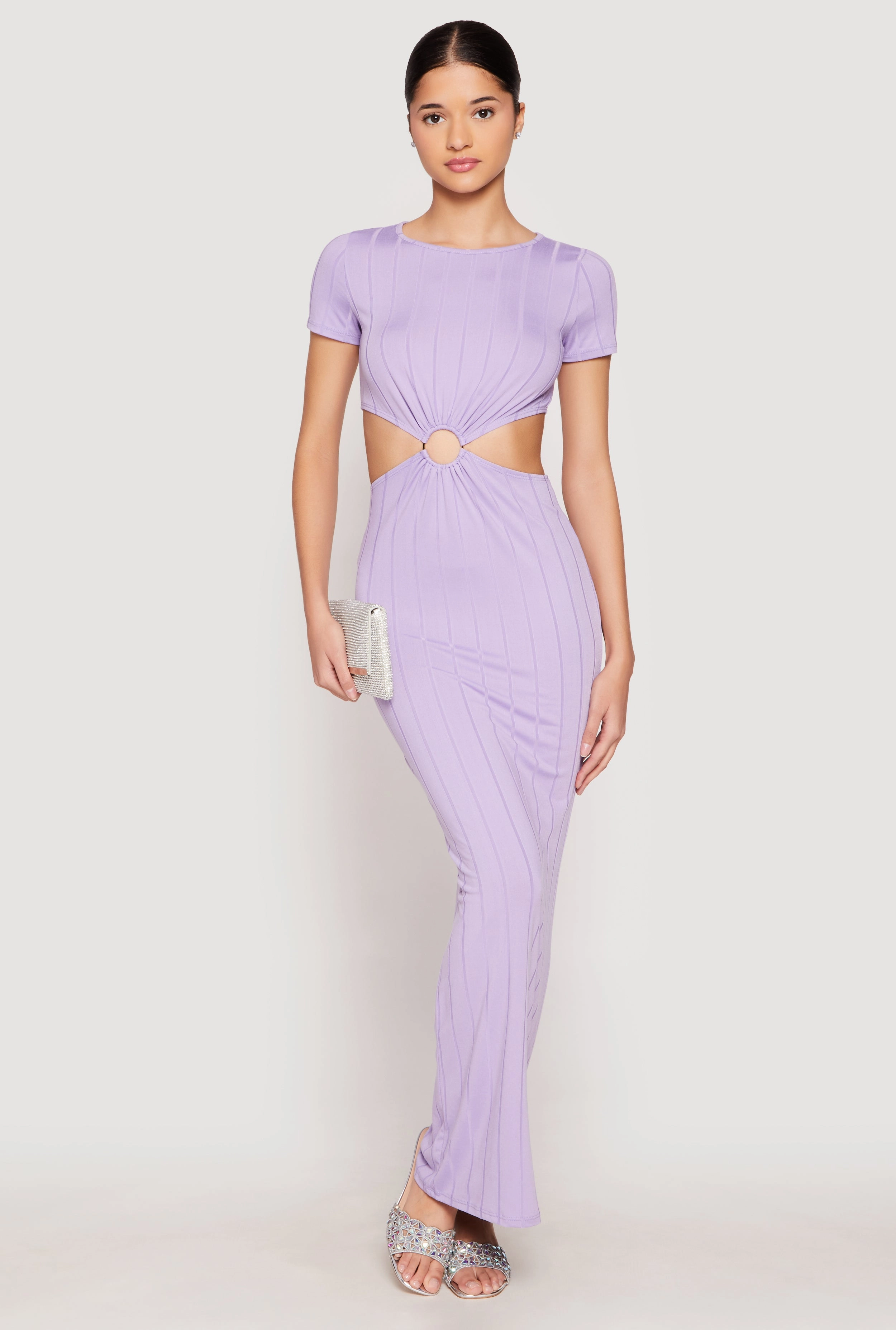 Romantic Soft Daily Ready Ribbed Knit O Ring Cut Out Maxi Dress