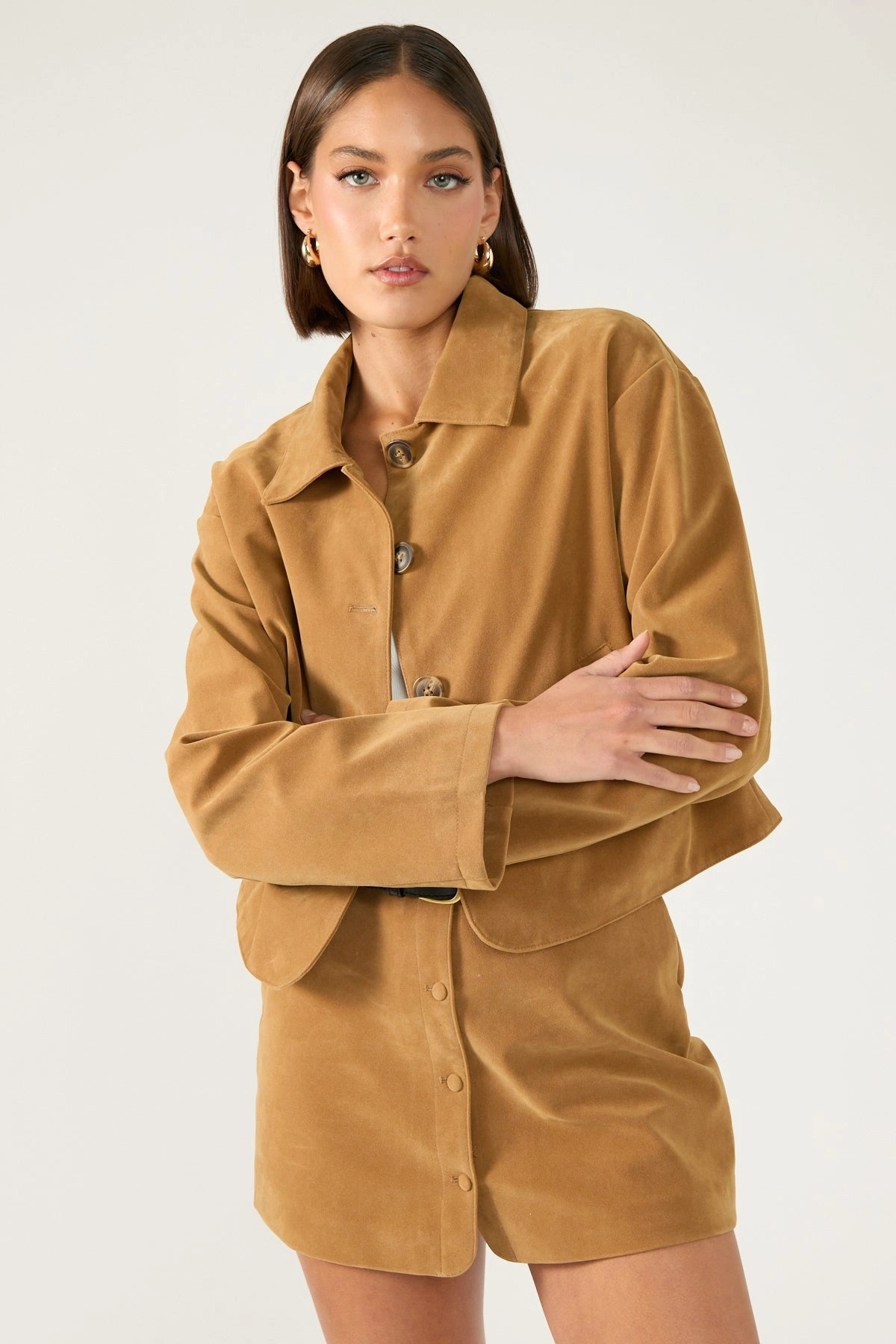 Classic Ribbed Cuffs Perfect Stranger Amelie PU Suede Crop Jacket Tan