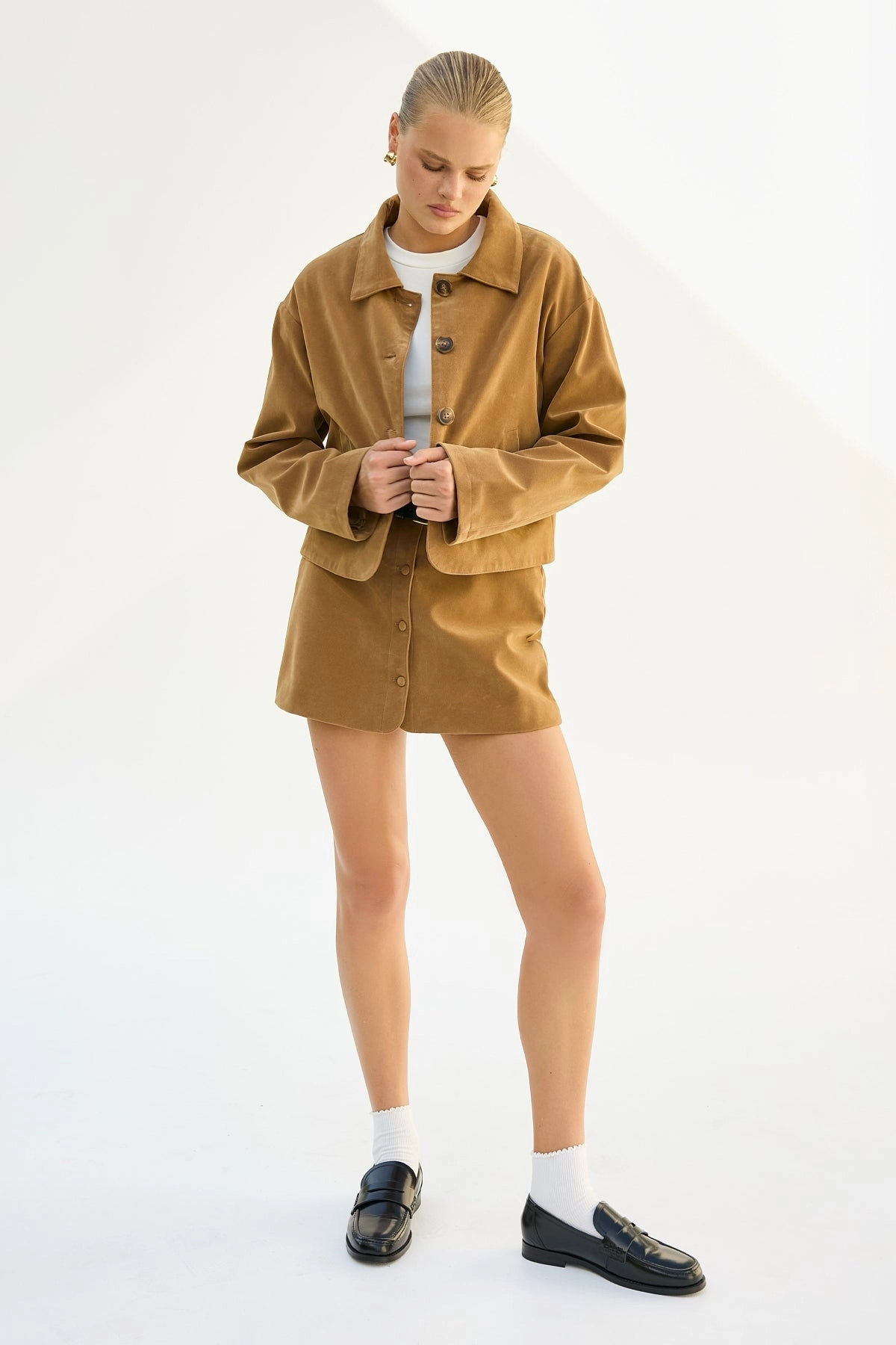 Perfect Stranger Amelie PU Suede Crop Jacket Tan Simple Urban Layer