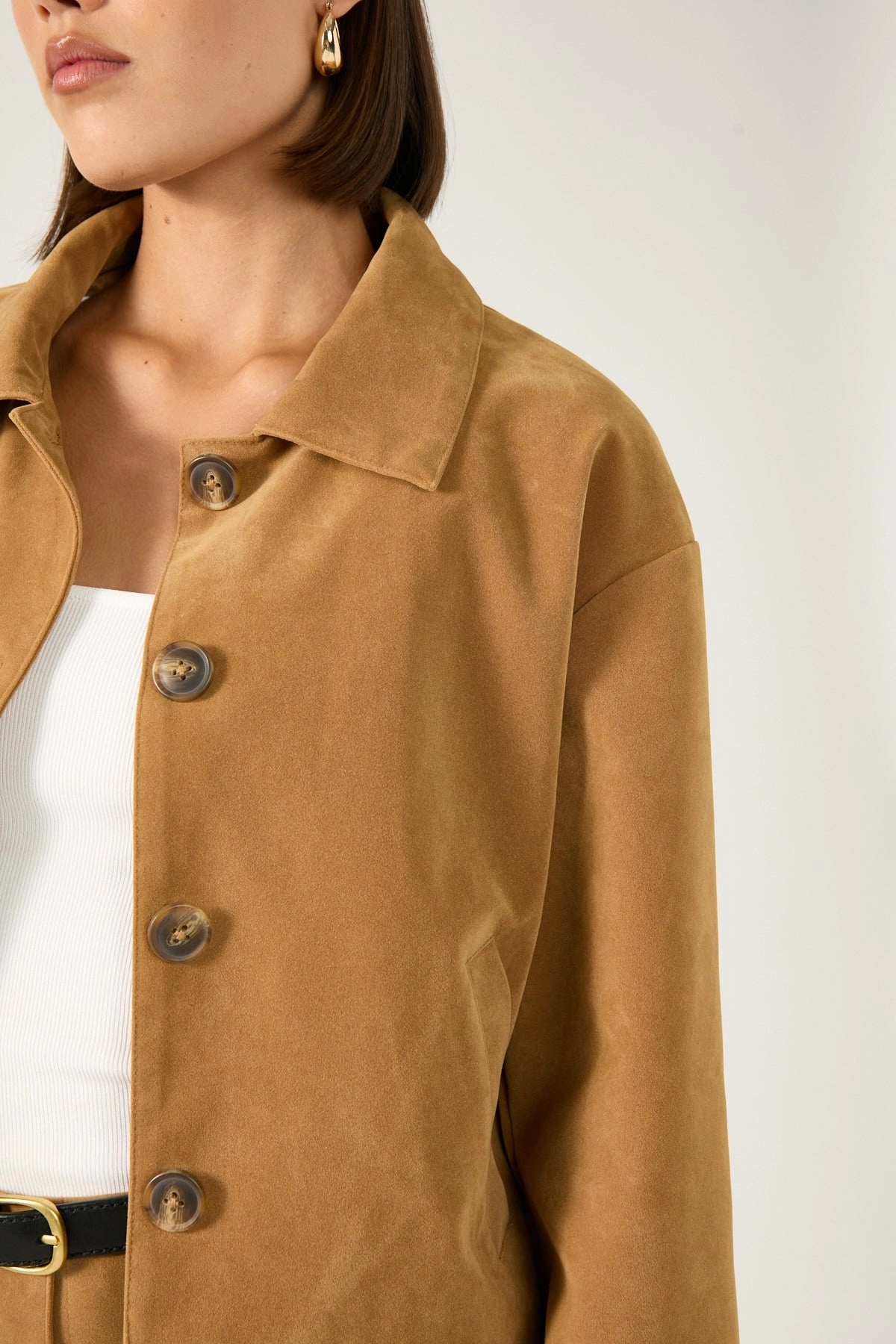Sporty Casual Changeable Style Perfect Stranger Amelie PU Suede Crop Jacket Tan
