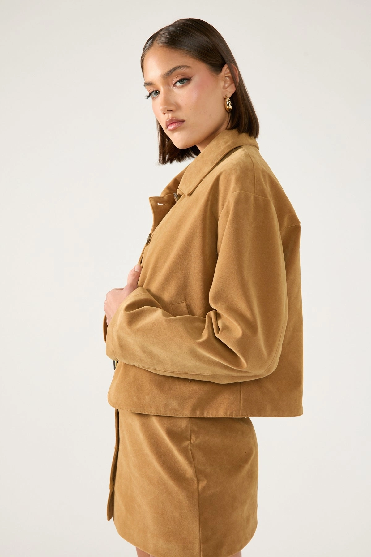 Convertible Cuff System Ultra Light Packable Perfect Stranger Amelie PU Suede Crop Jacket Tan