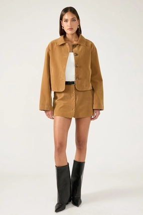 Perfect Stranger Amelie PU Suede Crop Jacket Tan Functional Zip Detail