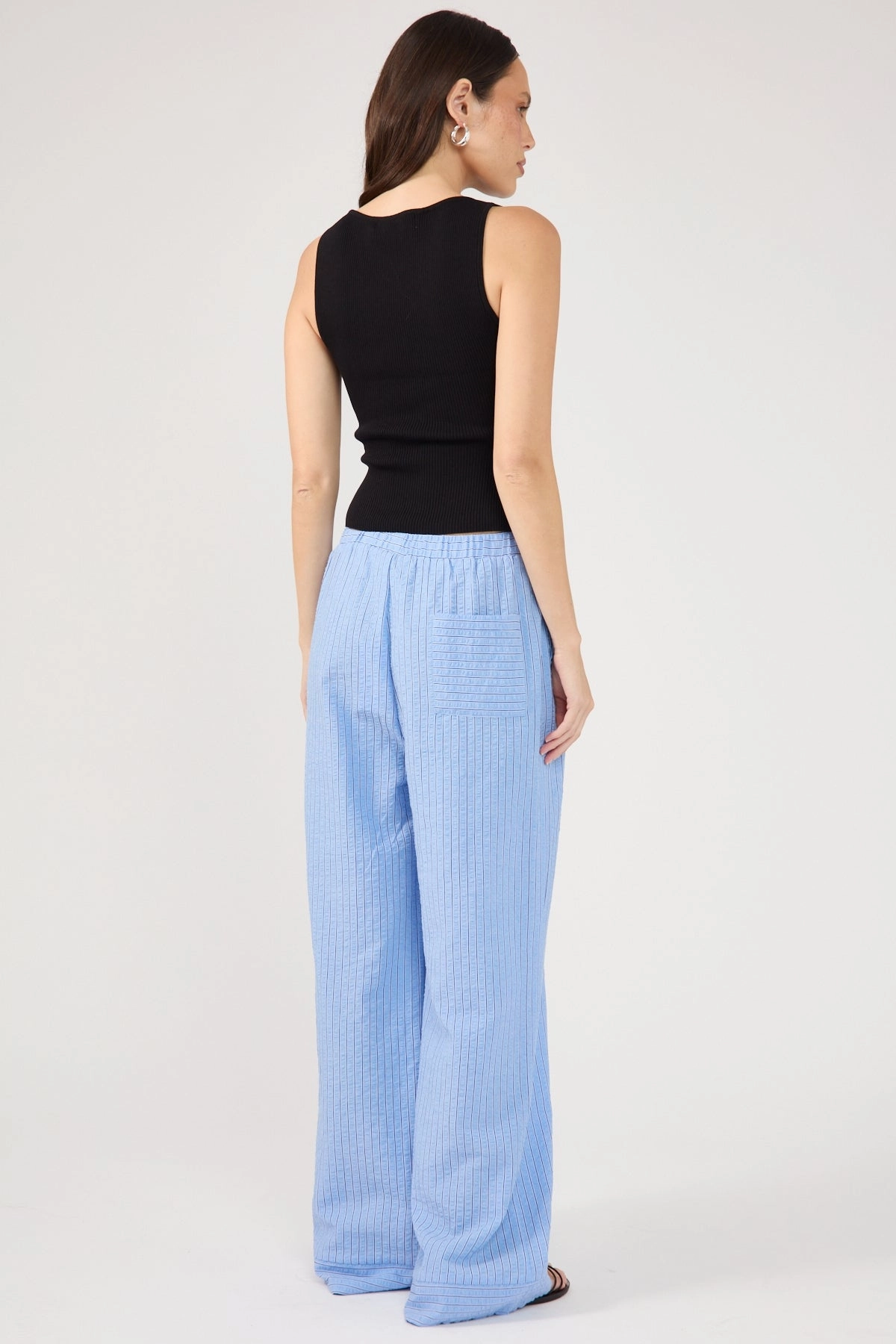 Laser cut AntiPillingFabric Perfect Stranger Azure Striped Straight Leg Pant Blue Stripe