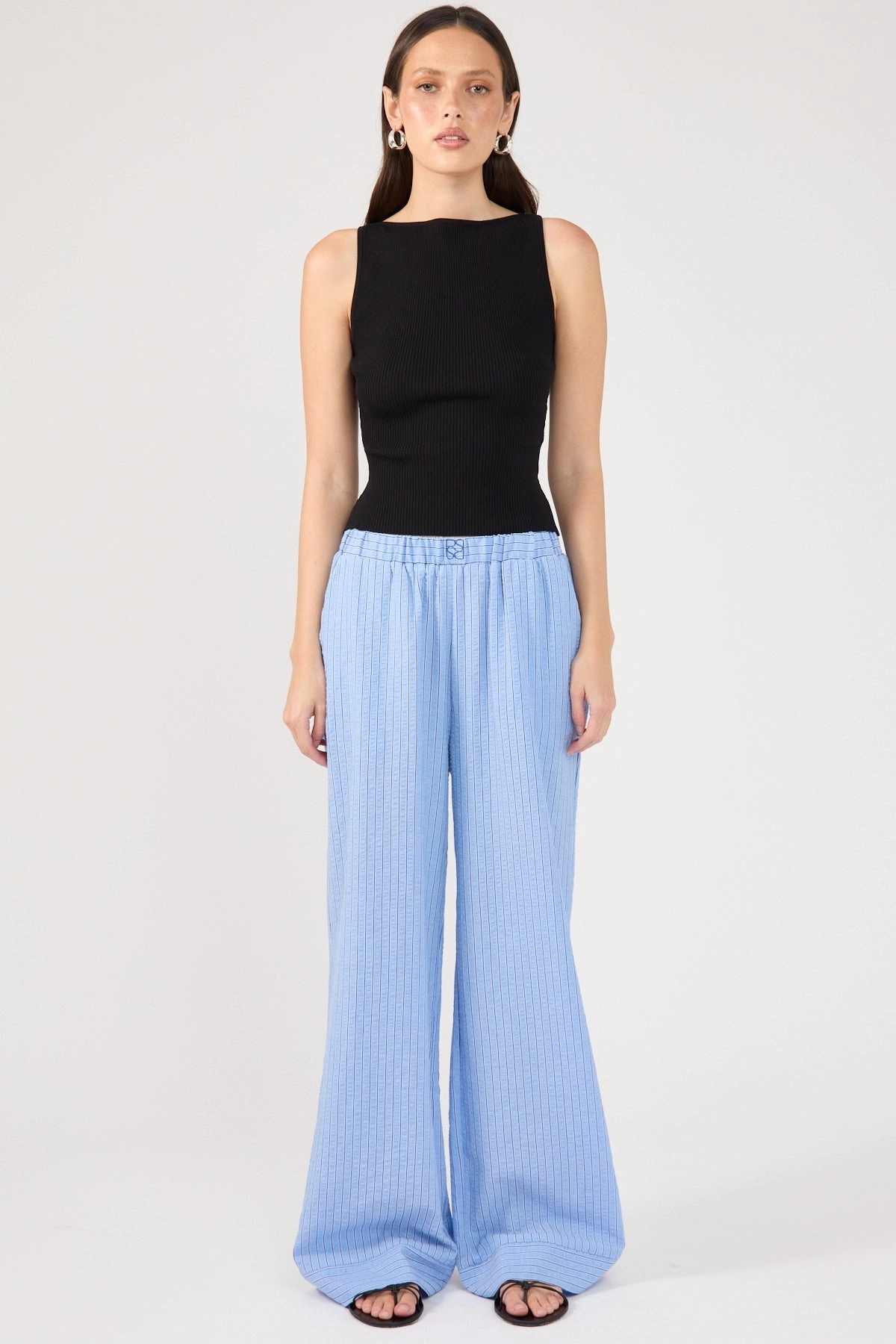 Double Layered Hem Perfect Stranger Azure Striped Straight Leg Pant Blue Stripe