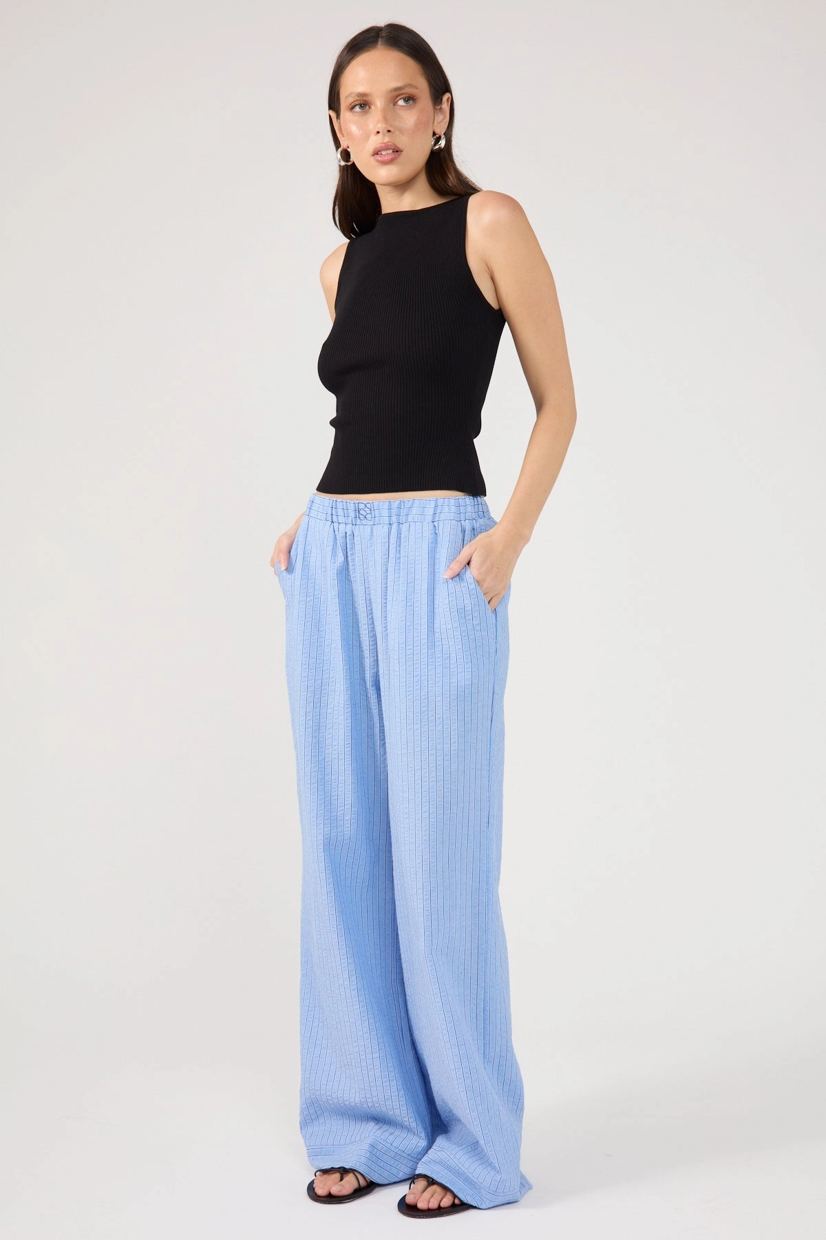 Perfect Stranger Azure Striped Straight Leg Pant Blue Stripe Chilly Layering premium fabric
