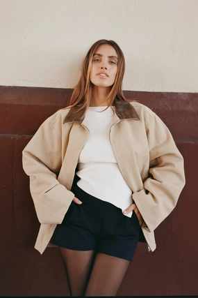 Perfect Stranger Barn Contrast Collar Jacket Stone Sealed Seam Construction
