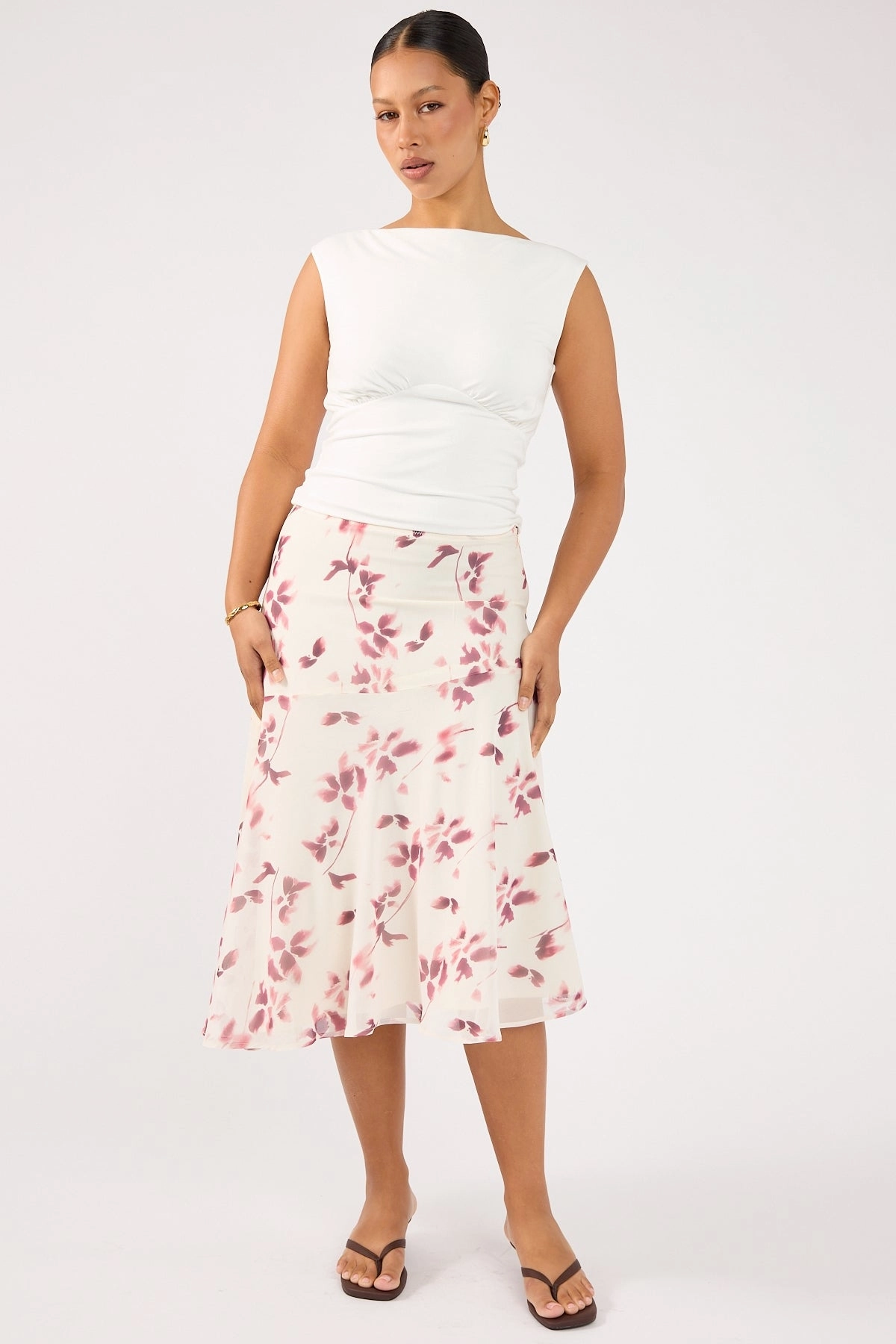 Breezy Outfit High Street Fashion Perfect Stranger Charlotte Asym Midi Skirt Burgundy Print