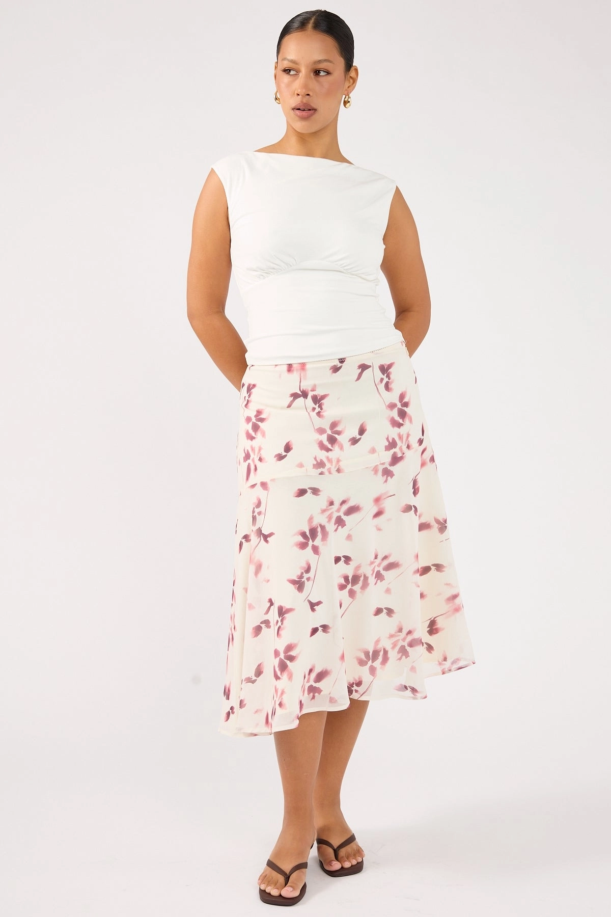 Perfect Stranger Charlotte Asym Midi Skirt Burgundy Print Textured Surface Ventilated Panels
