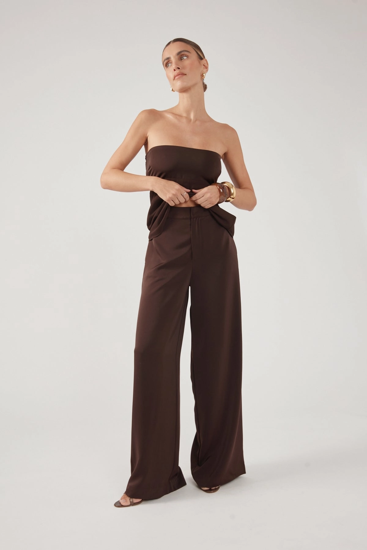 Soft Structure LightweightDesign Perfect Stranger Ellie Satin Mid Rise Tailored Pants Brown