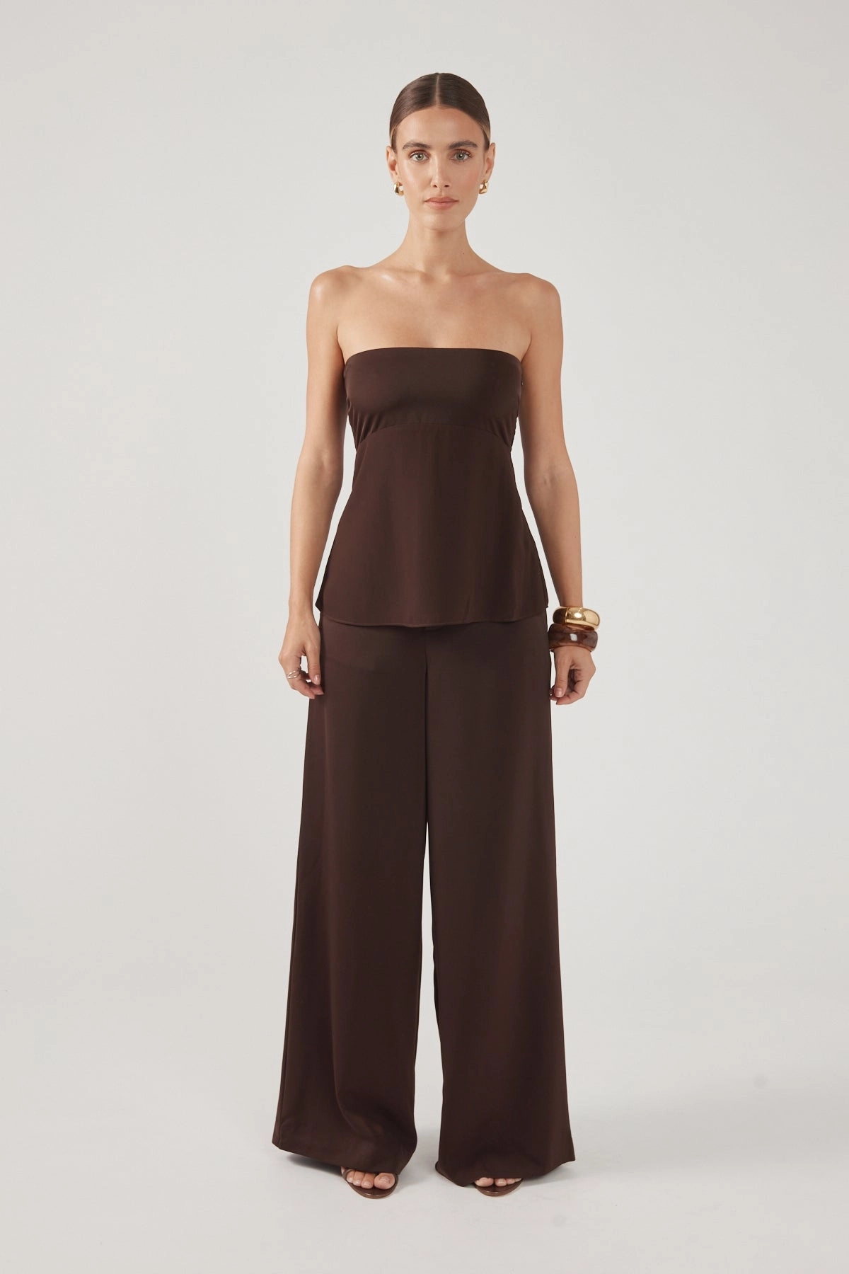 All Season Wear Stretch Material Perfect Stranger Ellie Satin Mid Rise Tailored Pants Brown