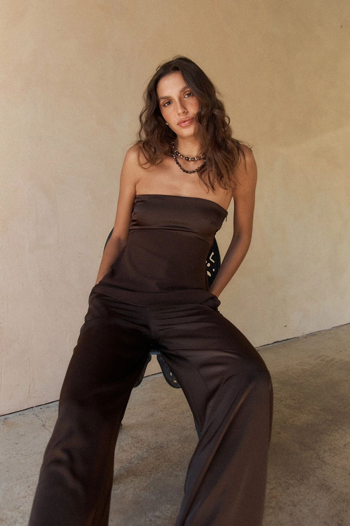 Sport Fit Perfect Stranger Ellie Satin Mid Rise Tailored Pants Brown