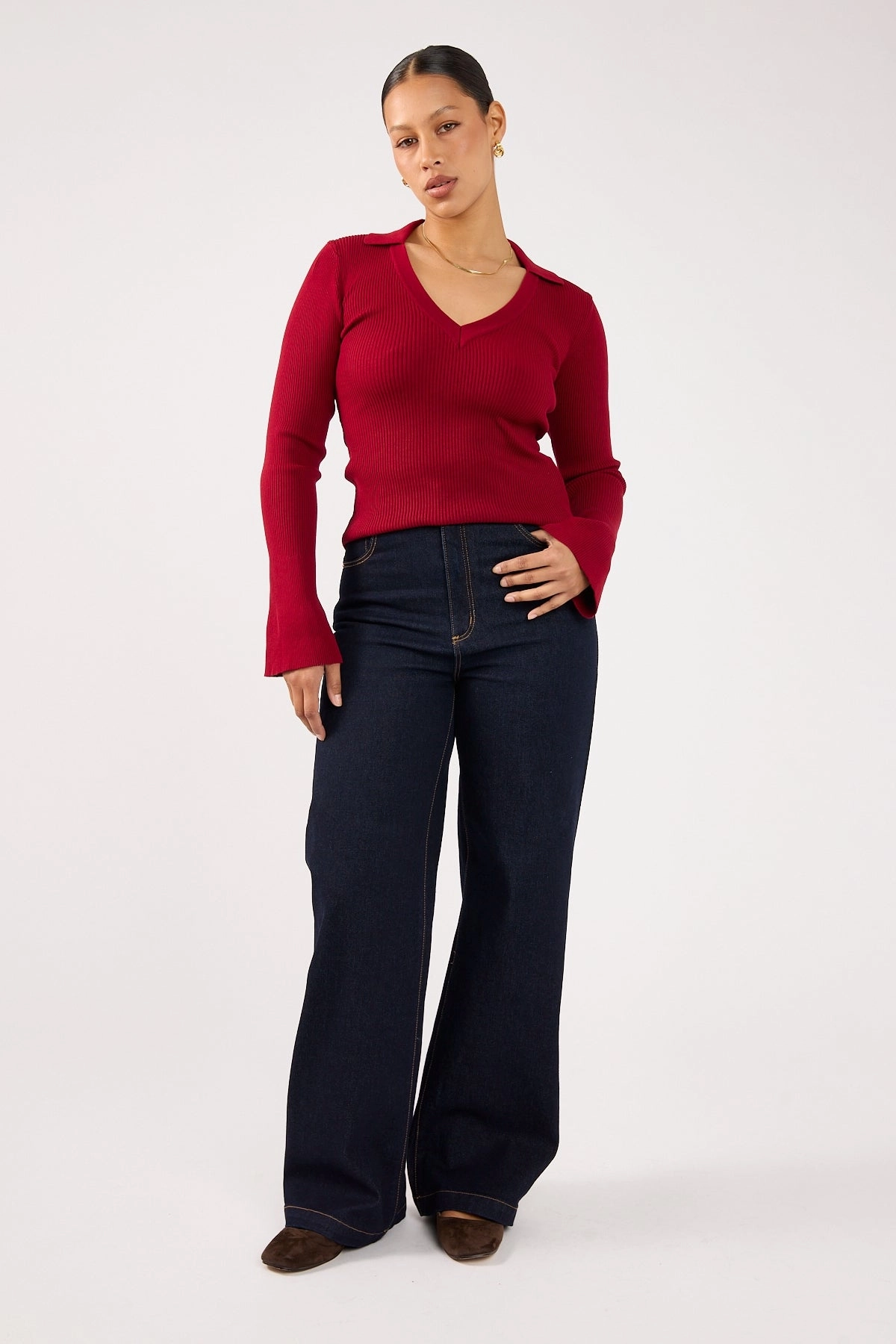 Autumn - wear Perfect Stranger Fiorelle Knitted Long Sleeve Polo Burgundy