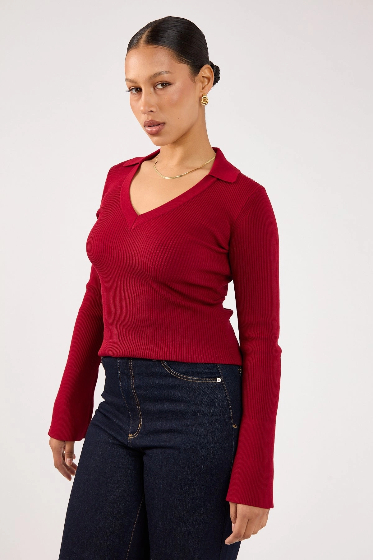 Perfect Stranger Fiorelle Knitted Long Sleeve Polo Burgundy Embroidered