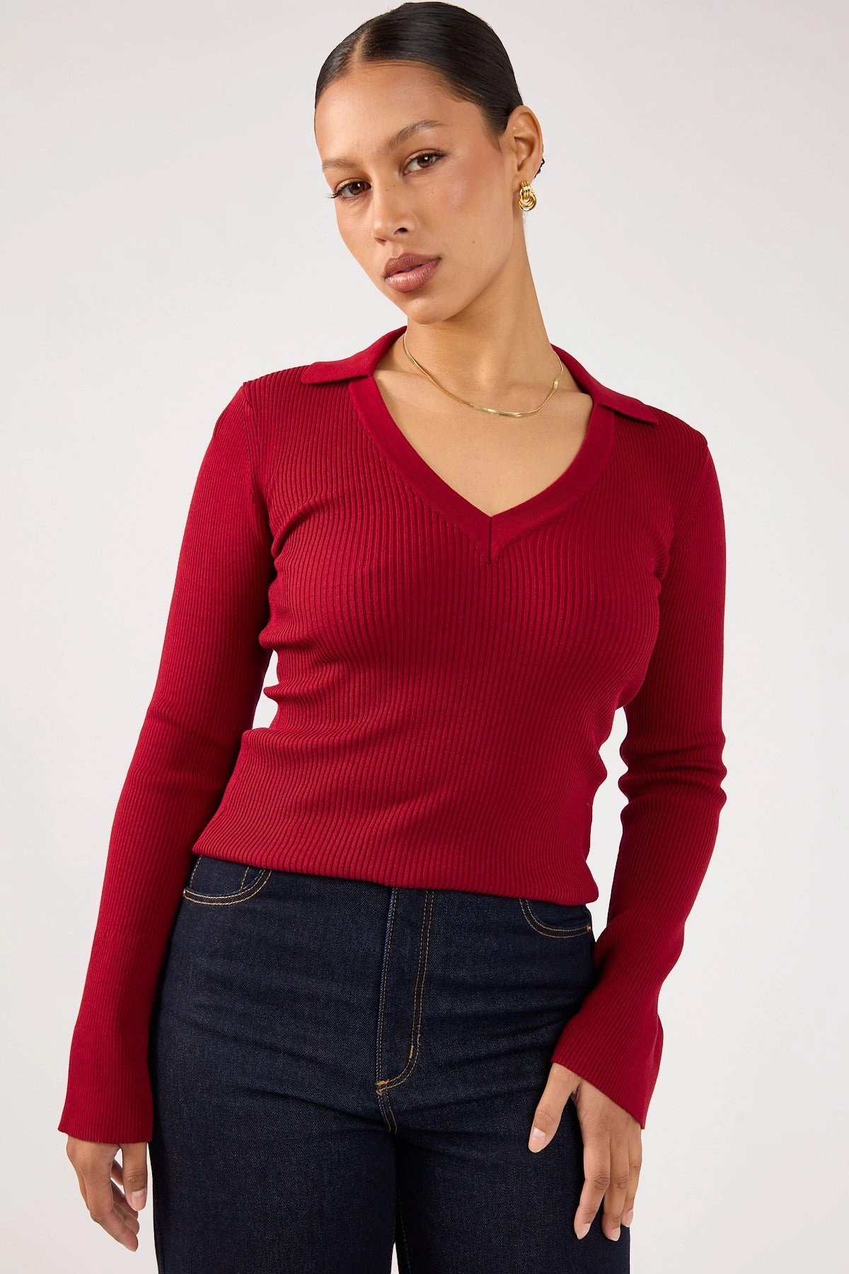 Smooth Finish Dark Shade Perfect Stranger Fiorelle Knitted Long Sleeve Polo Burgundy