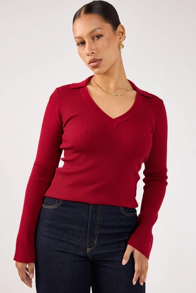 Smooth Finish Dark Shade Perfect Stranger Fiorelle Knitted Long Sleeve Polo Burgundy